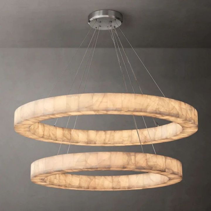2-Tier Round Calcite Crystal Chandelier - 60 Inch Modern Ceiling Light Fixture for Dining Room, Living Room & Bedroom