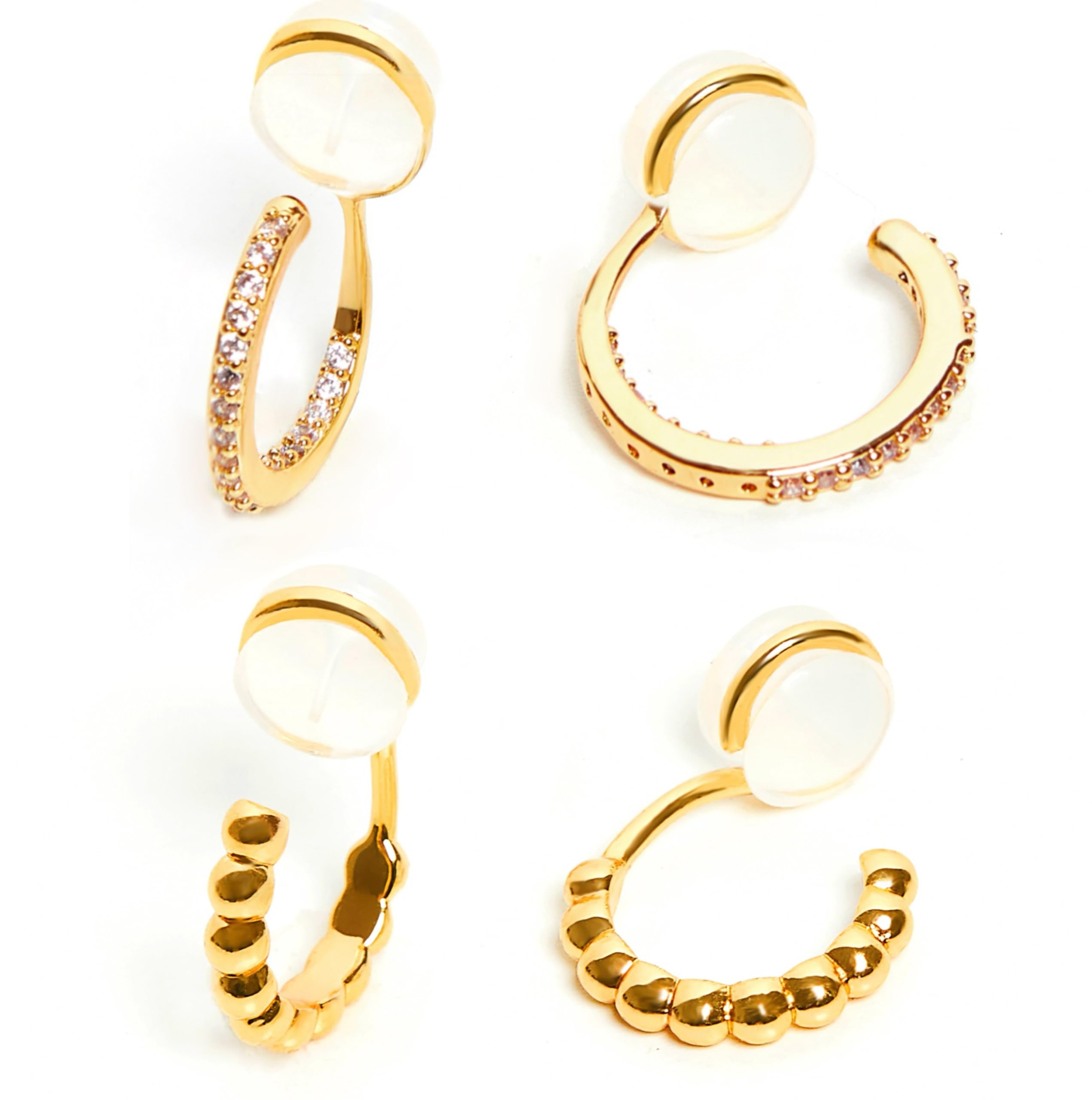 14K Gold Plated Clip-On Hoop Earrings for Women - Non-Pierced Small Hoop Earrings with Cubic Zirconia, Mini Beaded Fake Piercing Earrings Set of 2 Pairs - Perfect for Everyday Wear, Parties & Special Occasions