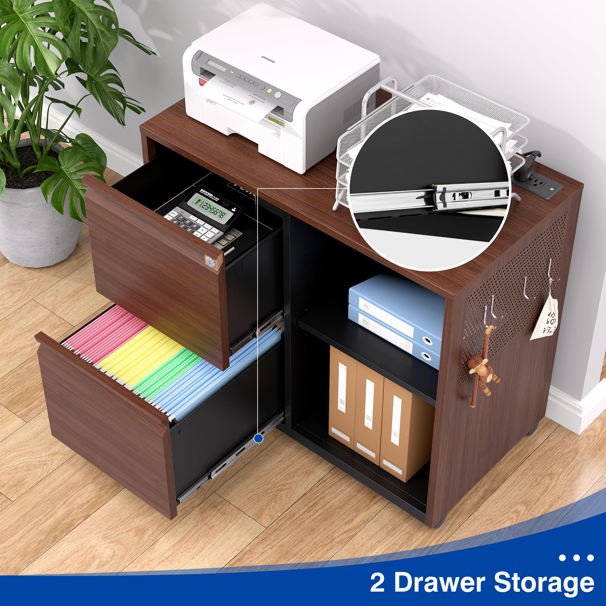 Mobile File Cabinet with Charging Station & Lock - Lateral Office Cabinet with Open Storage Shelves & Printer Stand - Left Drawer Brown - Perfect for Home Office Organization & Workspace Storage Solutions