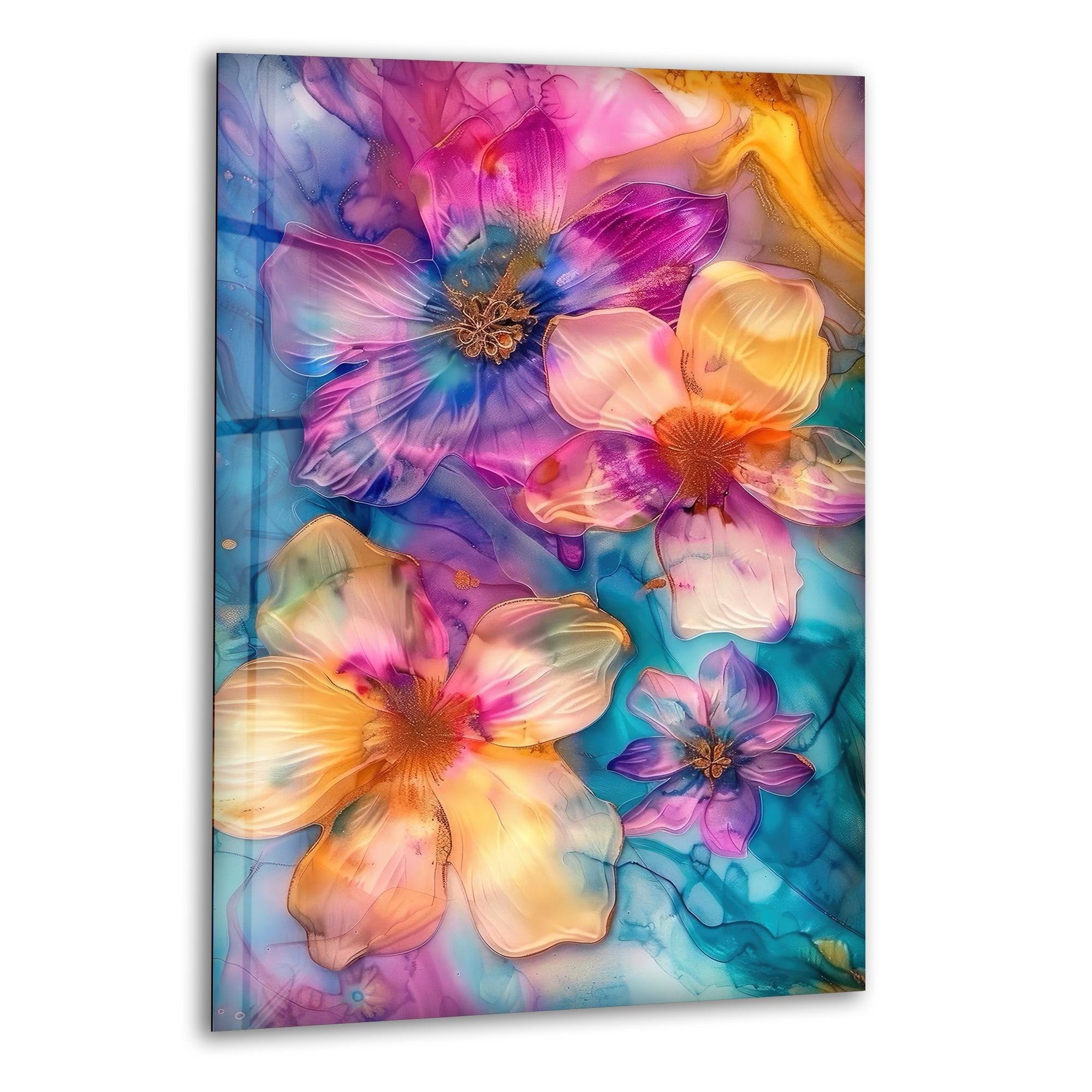 Abstract Pink and Blue Flower Glass Wall Art - Modern Handmade Glass Painting for Living Room, Bedroom & Office Decor - Perfect Gift for Housewarming & Wedding