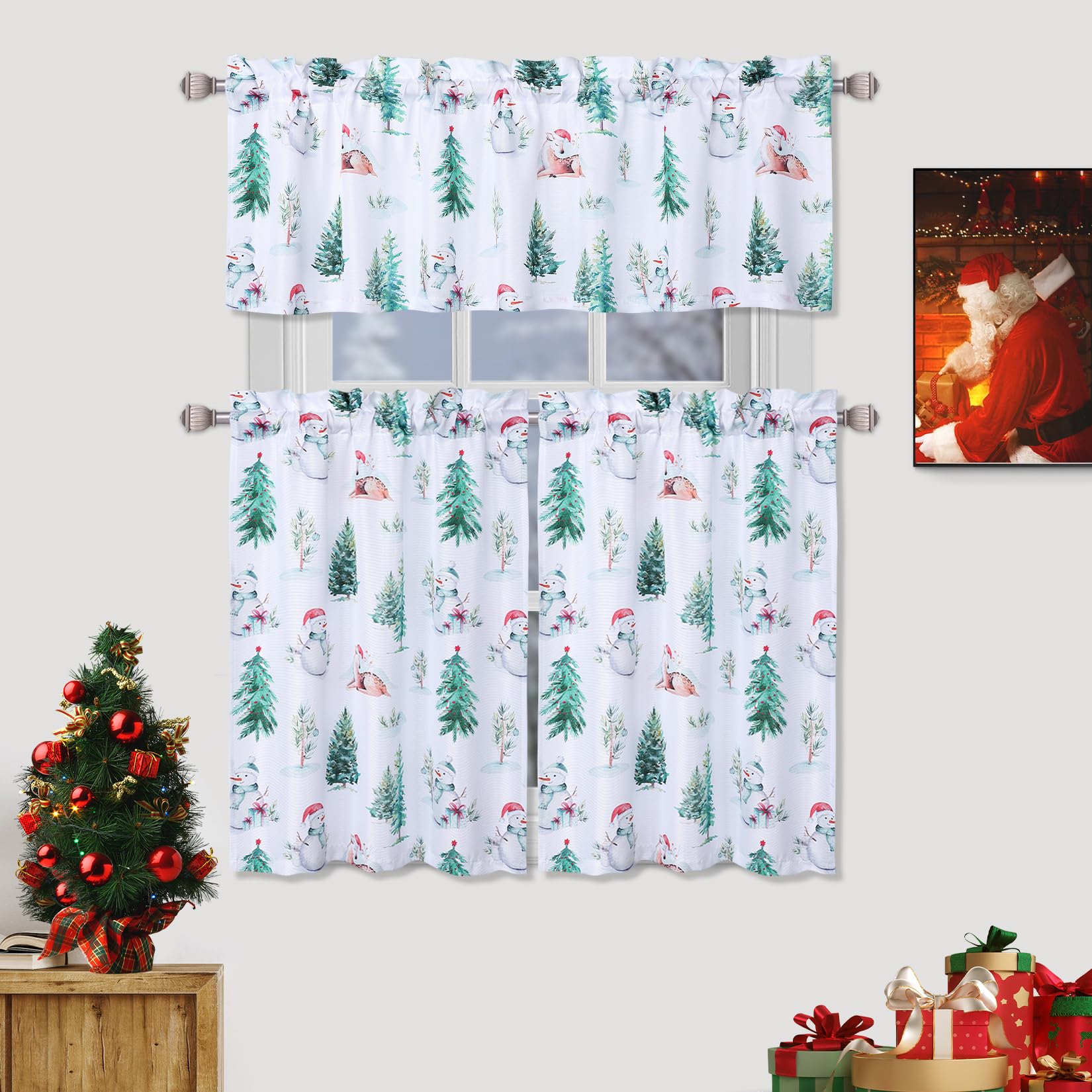 ROYGROW Christmas Window Curtains 30 Inch - 2 Panels Holiday Decor with Tree Snowman Reindeer Design, Rod Pocket Kitchen & Bathroom Curtains, Velvet Winter Decorations in White and Green, 27W x 30H - Perfect for Christmas Home Decor, Holiday Party, and Winter Season Gifts