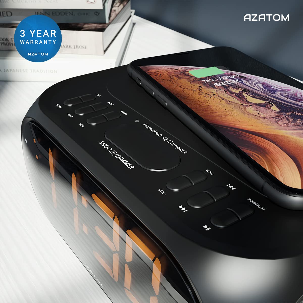 AZATOM Homehub Compact Bluetooth Alarm Clock with QI Wireless Fast Charger for iPhone & Android - Bedside Nightstand, Office Desk, Travel (Black)
