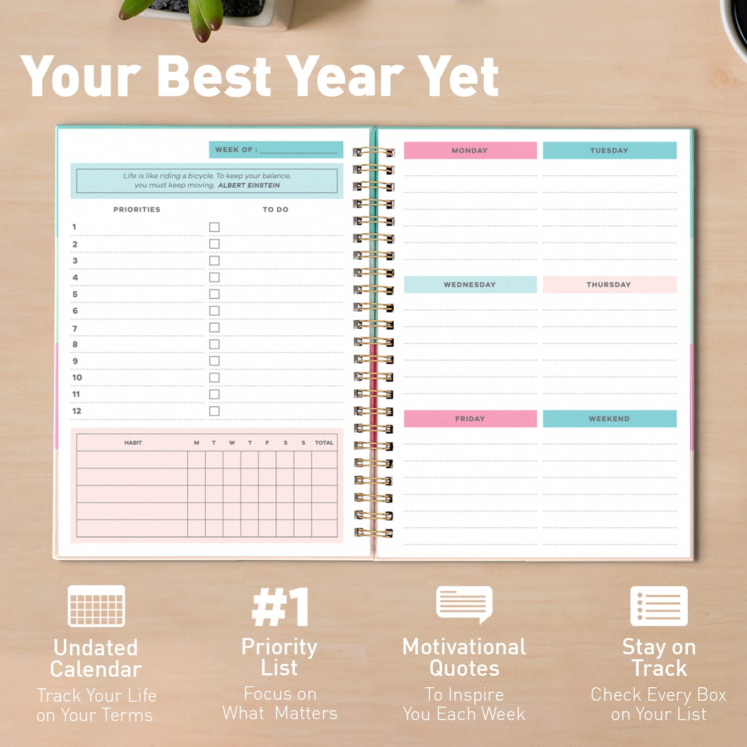 S&O Best Week Ever Undated Weekly Planner - 52 Week Goal & Habit Tracker for Productivity - 6x8.25
