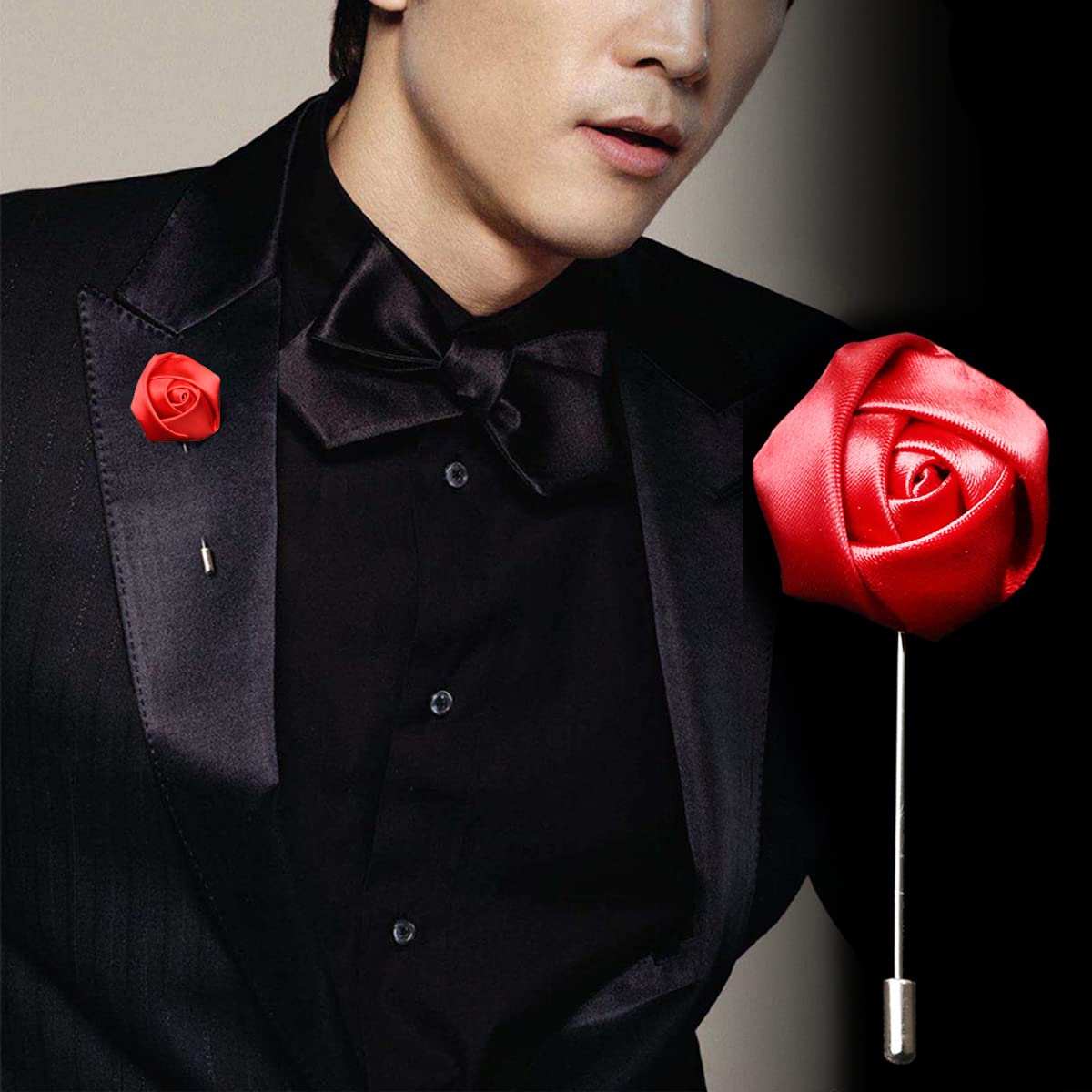 2PCS Handmade Rose Flower Lapel Pins for Men - Red & Blue Floral Chain Brooch, Boutonniere Pins for Suits, Wedding, Prom & Formal Events - Perfect for Groomsmen, Bridal Party & Special Occasions
