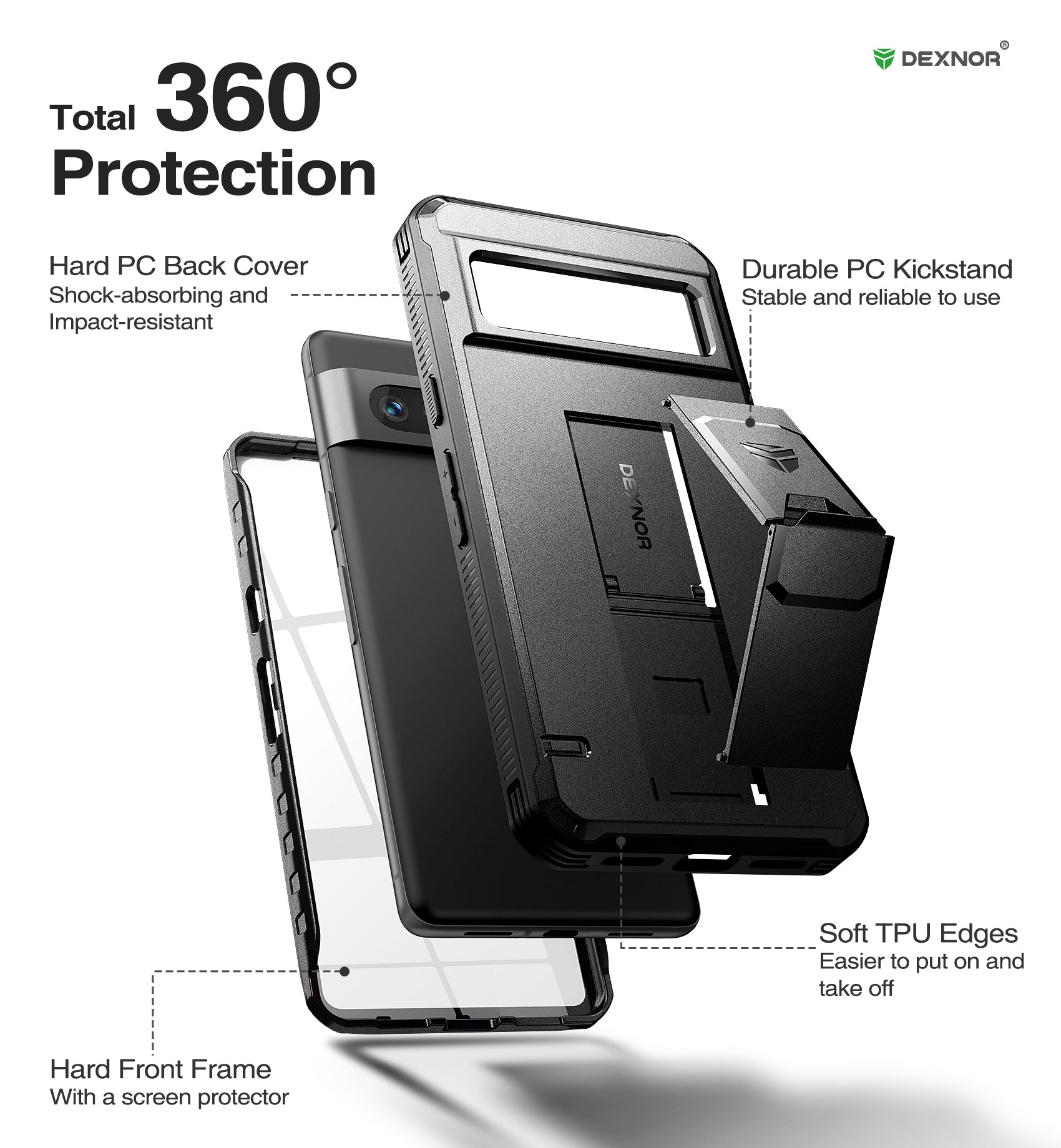 Dexnor Heavy Duty Shockproof Rugged Case for Google Pixel 7 with Screen Protector, Full Body Bumper & Kickstand - Perfect for Outdoor Adventures, Work & Travel Protection