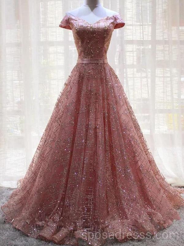Sparkly Pink Off-Shoulder A-Line Long Evening Prom Dress for Sweet 16 - Custom Cheap Formal Gowns | Perfect for Prom Night, Homecoming, Quinceañera & Special Occasions