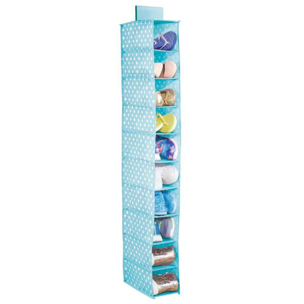 mDesign 10-Shelf Fabric Closet Organizer for Kids Room & Nursery - Soft Hanging Storage with Polka Dot Print, 2-Pack (Turquoise Blue & White Dots) - Perfect for Baby Clothes, Toys & Accessories Organization