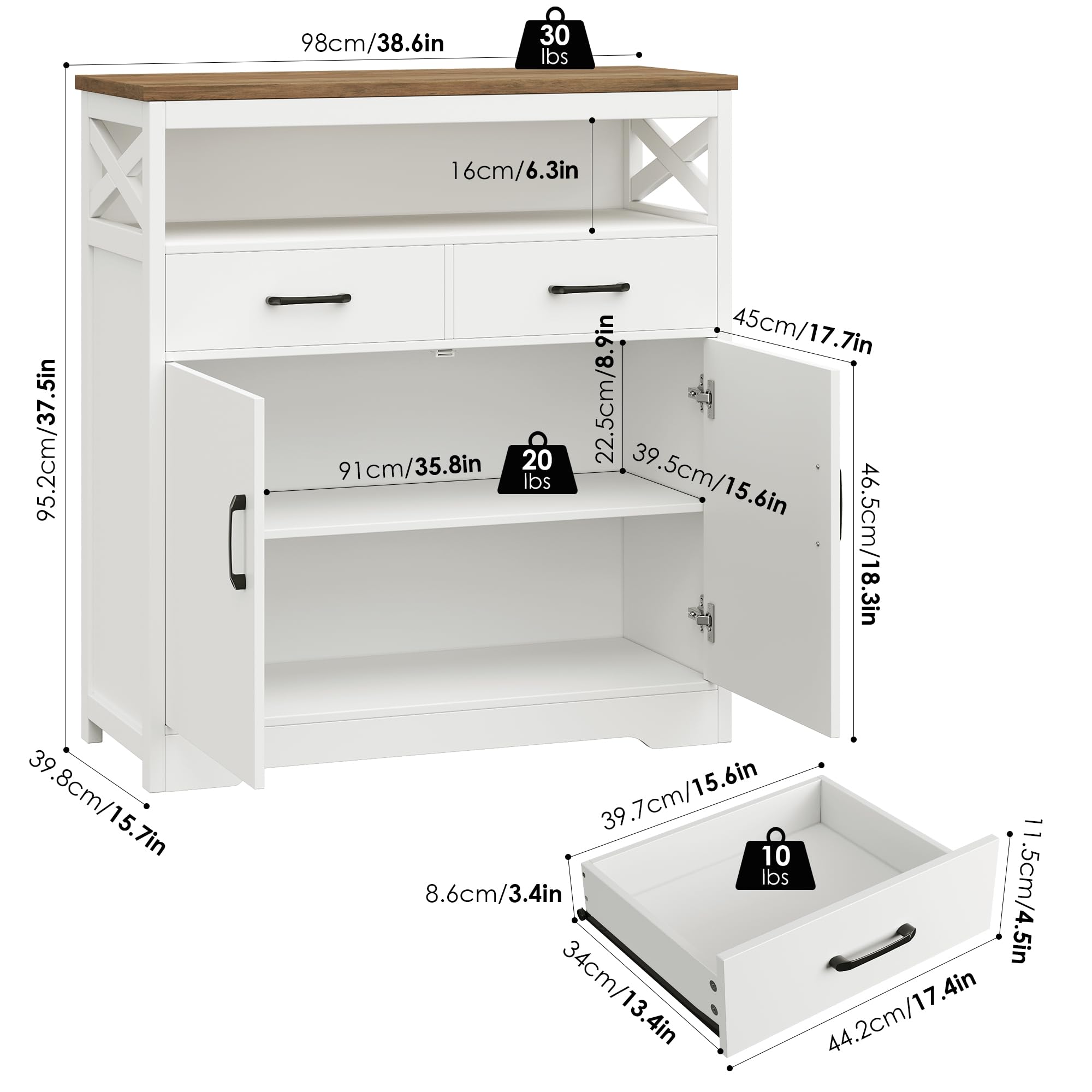 Modern Farmhouse Buffet Sideboard - Wooden Kitchen Storage Cabinet with Shelves, Doors & Drawers - Coffee Bar & Living Room Cupboard - White & Rustic Brown - Perfect for Dining Room, Entryway & Home Organization