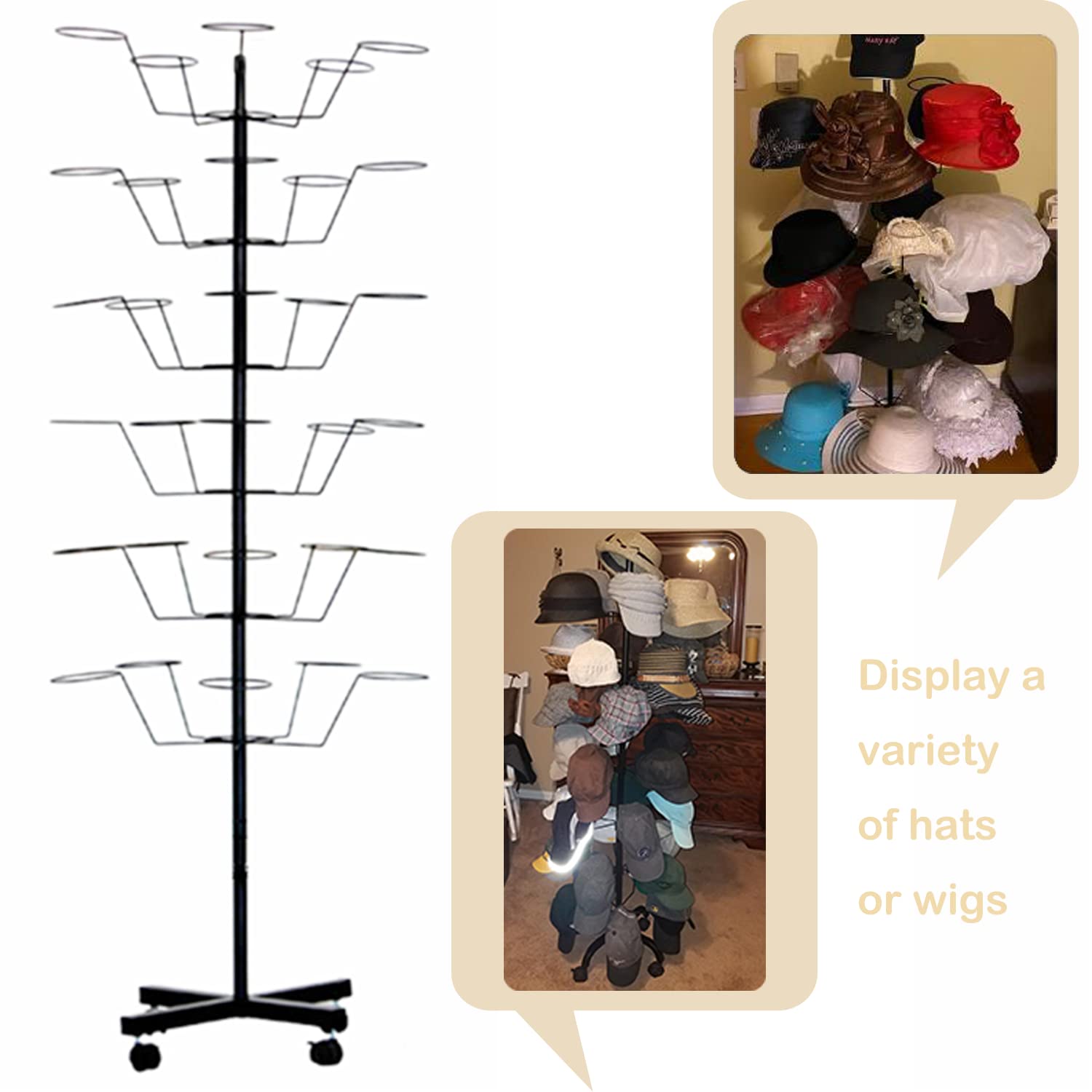 6-Tier Metal Hat Rack Stand with 30 Hooks - Freestanding Rotating Display for Hats, Wigs & Accessories | Modern Retail Store & Home Closet Organization Solution