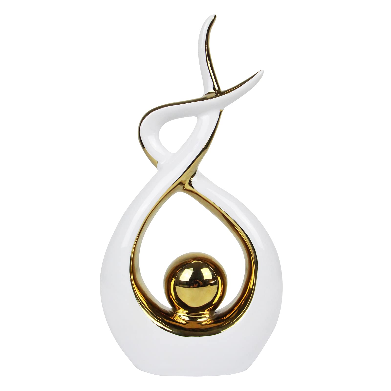 Modern Abstract Ceramic Statue - White & Gold Large Centerpiece for Dining Room, Living Room, Office & Home Decor