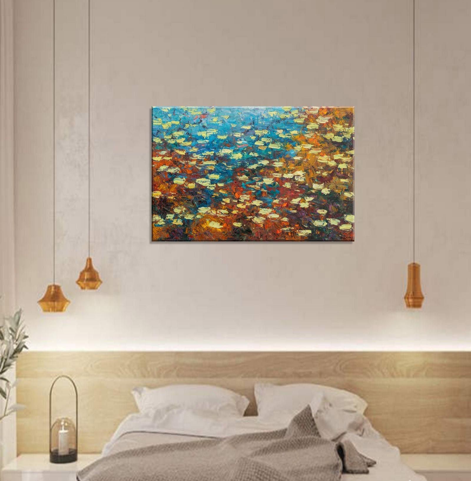 Original Oil Painting - Water Lilies Pond Autumn, Modern Abstract Canvas Art, Large Wall Decor for Living Room, Bedroom & Office | Handmade Landscape Painting