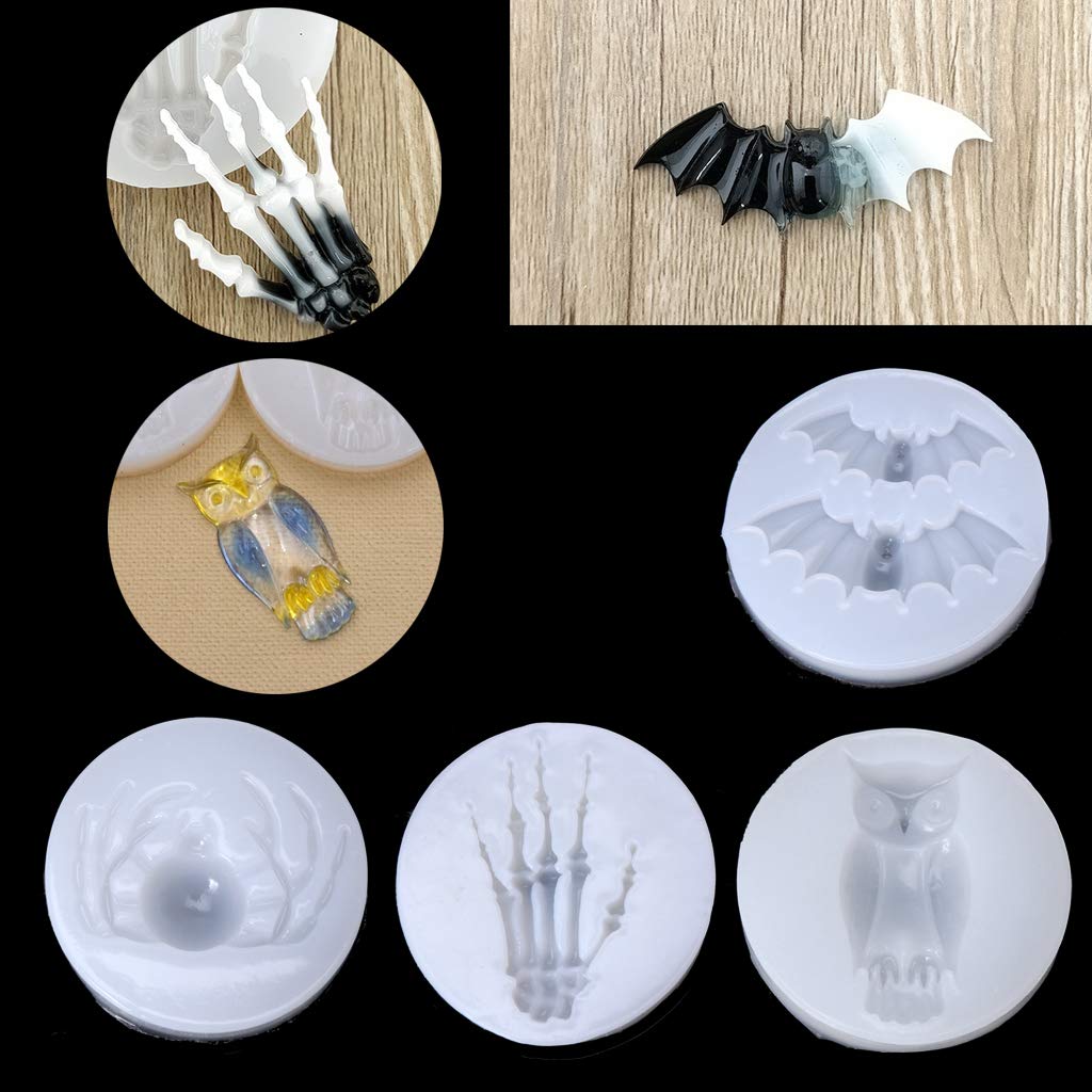 Halloween Epoxy Resin Mold for DIY Crafts - Bat, Owl, Spider & Skeleton Hand Shapes - Jewelry Making, Cake Decorating & Home Decor - Perfect for Halloween Party Decorations & Birthday Gifts