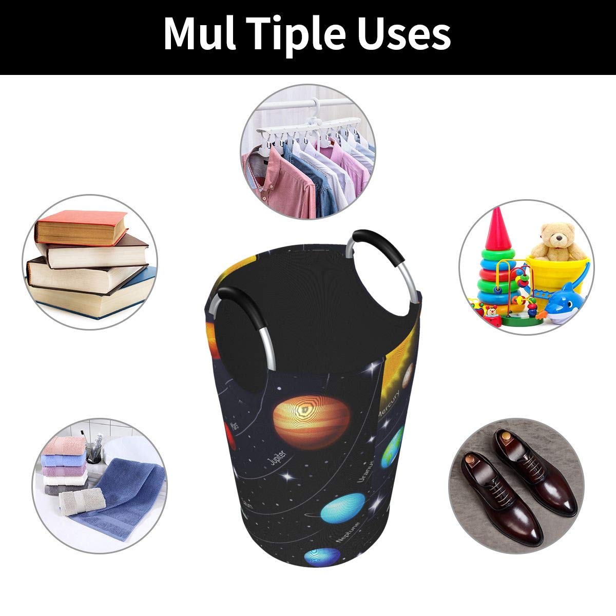 DUJIEA 82L X-Large Collapsible Laundry Hamper with Aluminum Handles - Extra Tall Round Clothes Storage Basket for Kids, Dorm Room & Home Organization | Space-Saving Cosmic Planet Design for Bedroom, Bathroom & Laundry Room
