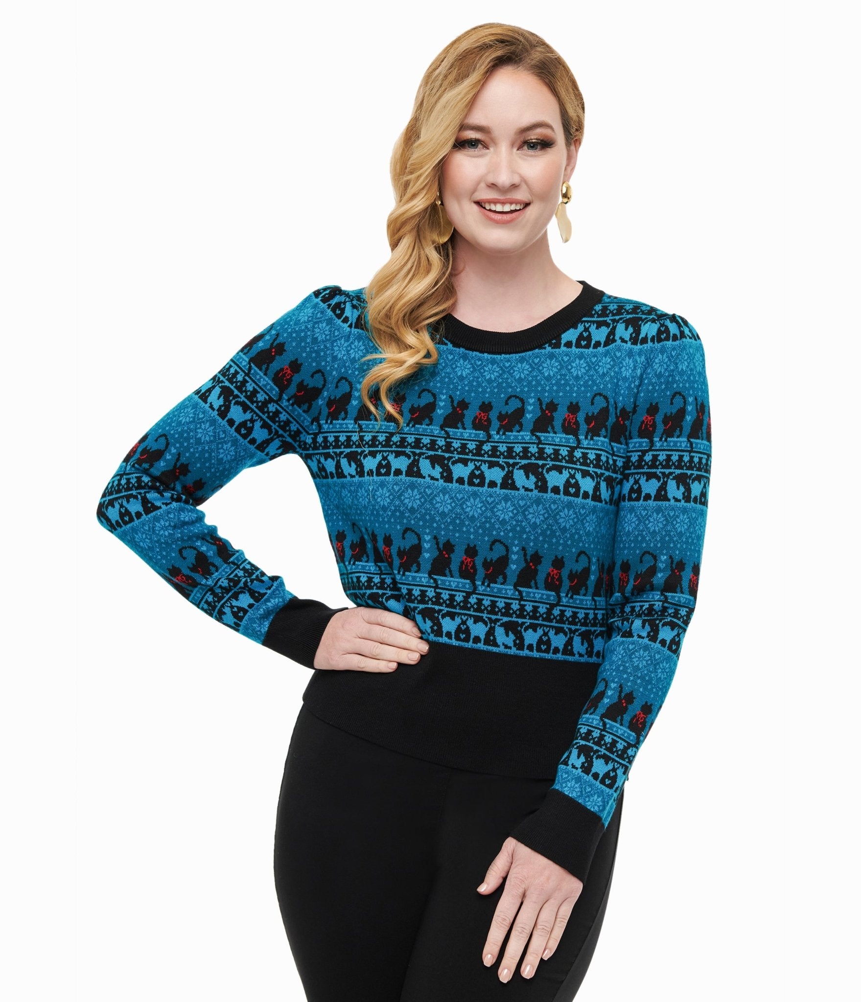 Vintage 1950s Teal Snowflake Cat Sweater - Retro Christmas Holiday Pullover for Women - Perfect for Winter Parties & Cozy Seasonal Gatherings