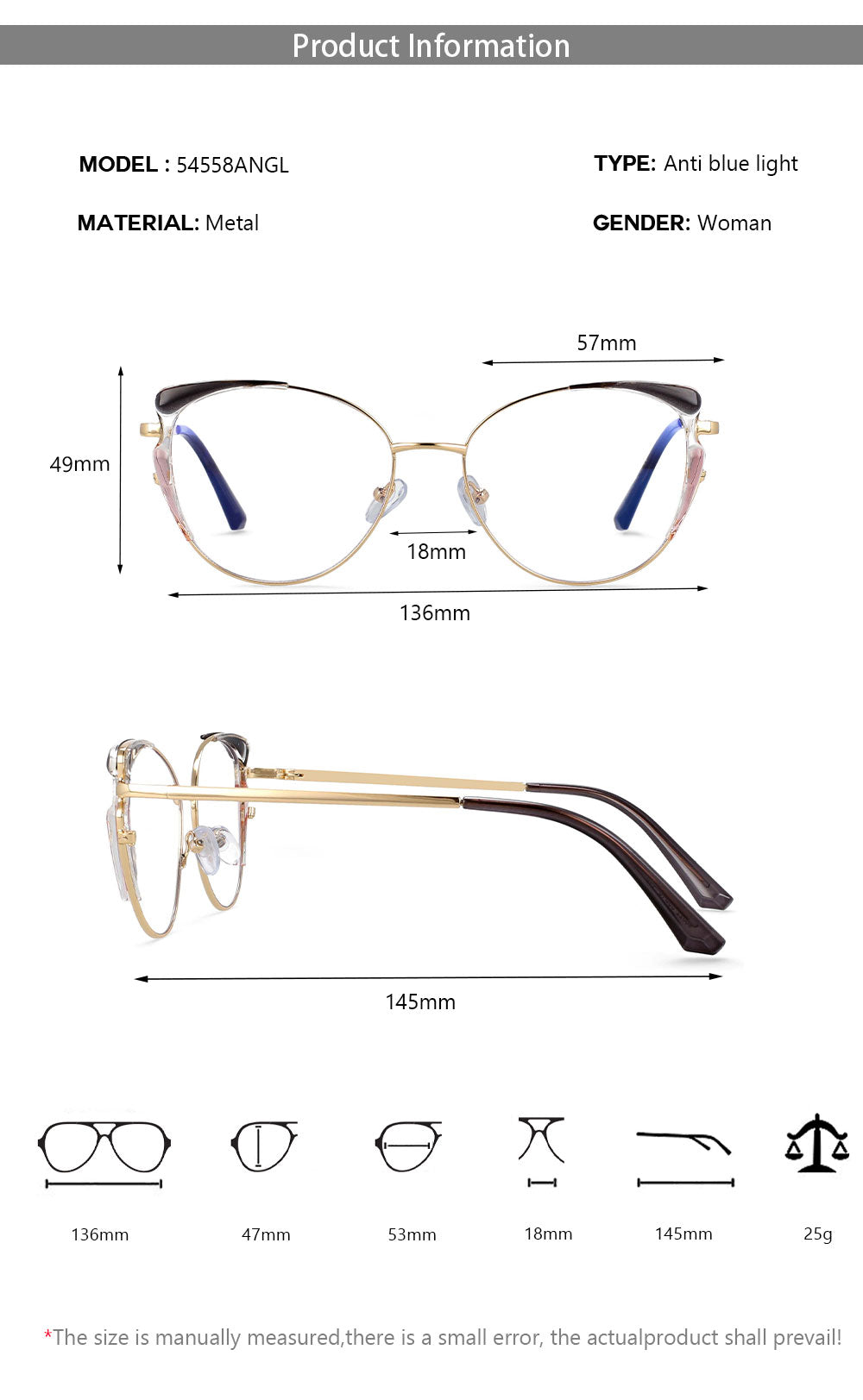 CCspace Women's Square Cat Eye Glasses - Full Rim Lightweight Alloy Frame Eyeglasses (Model 54558) for Work, Reading & Fashion Accessories