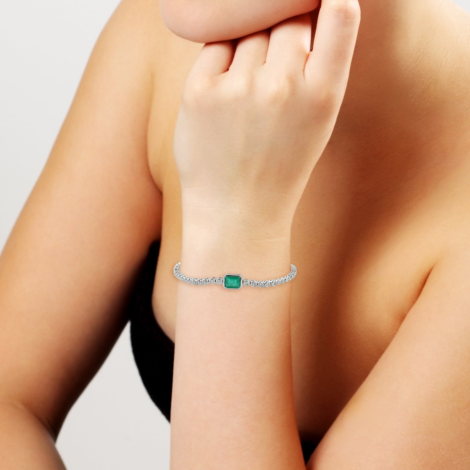 Emerald Gemstone Bracelet with Diamond Bezel Setting in 14K White Gold - Flexible & Adjustable for Everyday Wear & Special Occasions