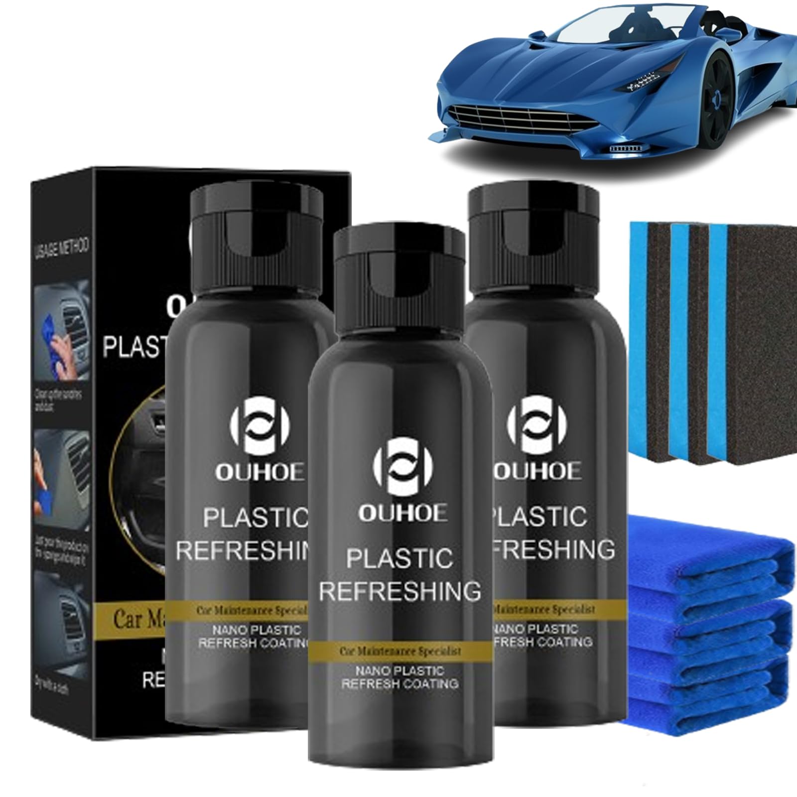 Ouhoe Ultimate Nano Plastic Restorer Kit (30ML-3PCS) - Car Dashboard & Trim Revitalizer, Plastic Refinishing Agent for Interior/Exterior Restoration - Perfect for Scratches, Fading & Oxidation Repair on Vehicles, Boats & Motorcycles
