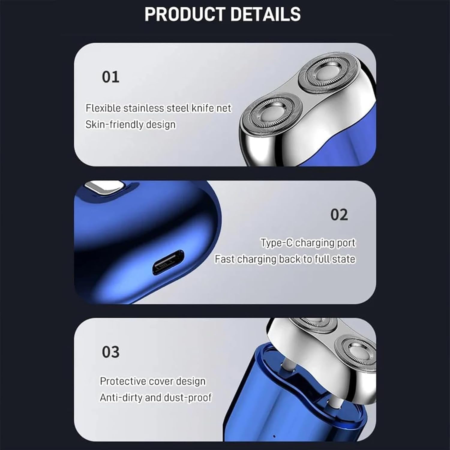 Jacooba Mini Dual-Head Electric Shaver for Men - Rechargeable Waterproof Travel Razor with Floating 4D Shaving Head, Precision Trimmer & Portable Design - Perfect for Home, Travel & Gym Use (Blue)