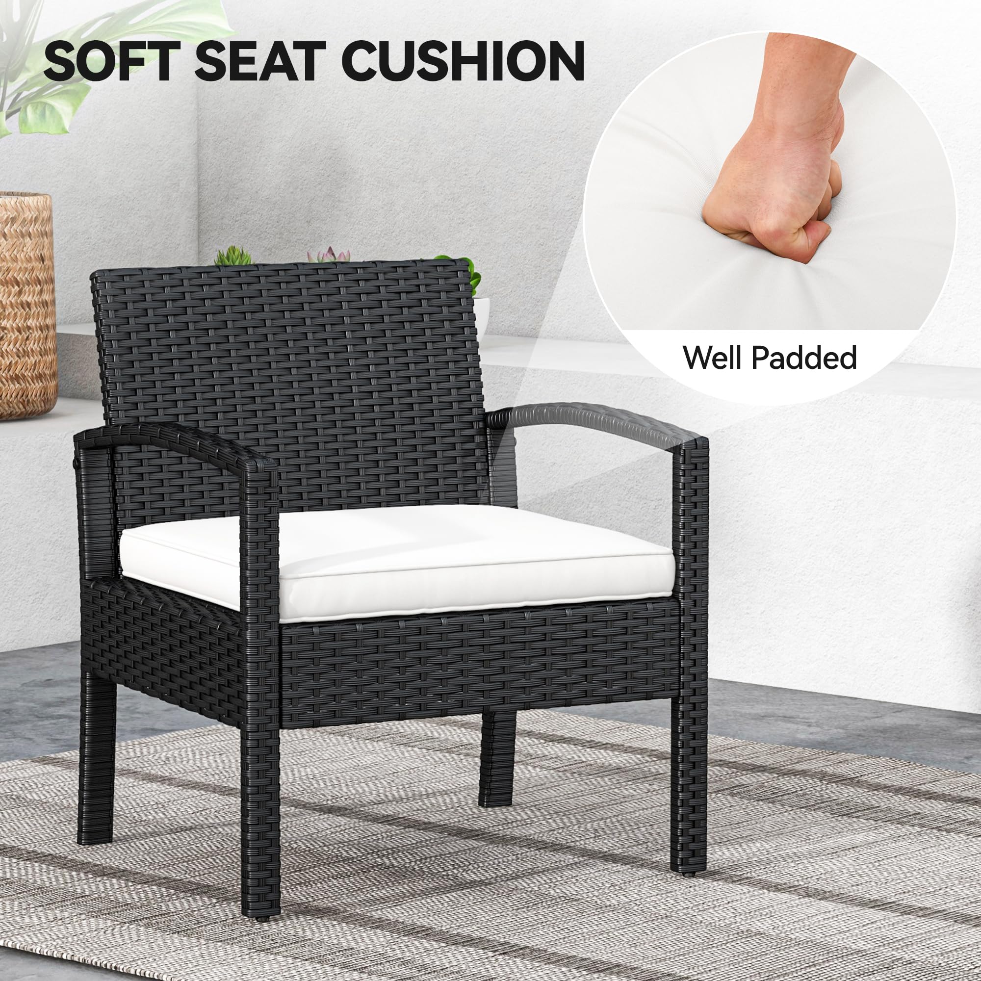 YITAHOME 3-Piece Outdoor Patio Furniture Set - All-Weather Wicker Bistro Chairs with Glass Side Table & Cushions - Black & Beige Rattan Conversation Set for Backyard, Balcony, Deck, Garden & Poolside Relaxation