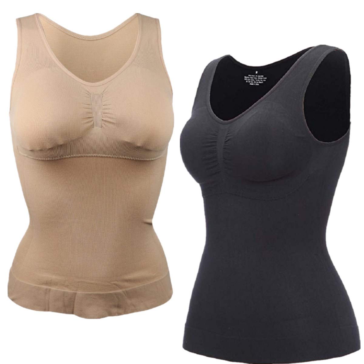2 Pack Women's Shapewear Camisole with Built-in Removable Pads - Seamless Tummy Control Tank Top for Everyday Wear & Layering