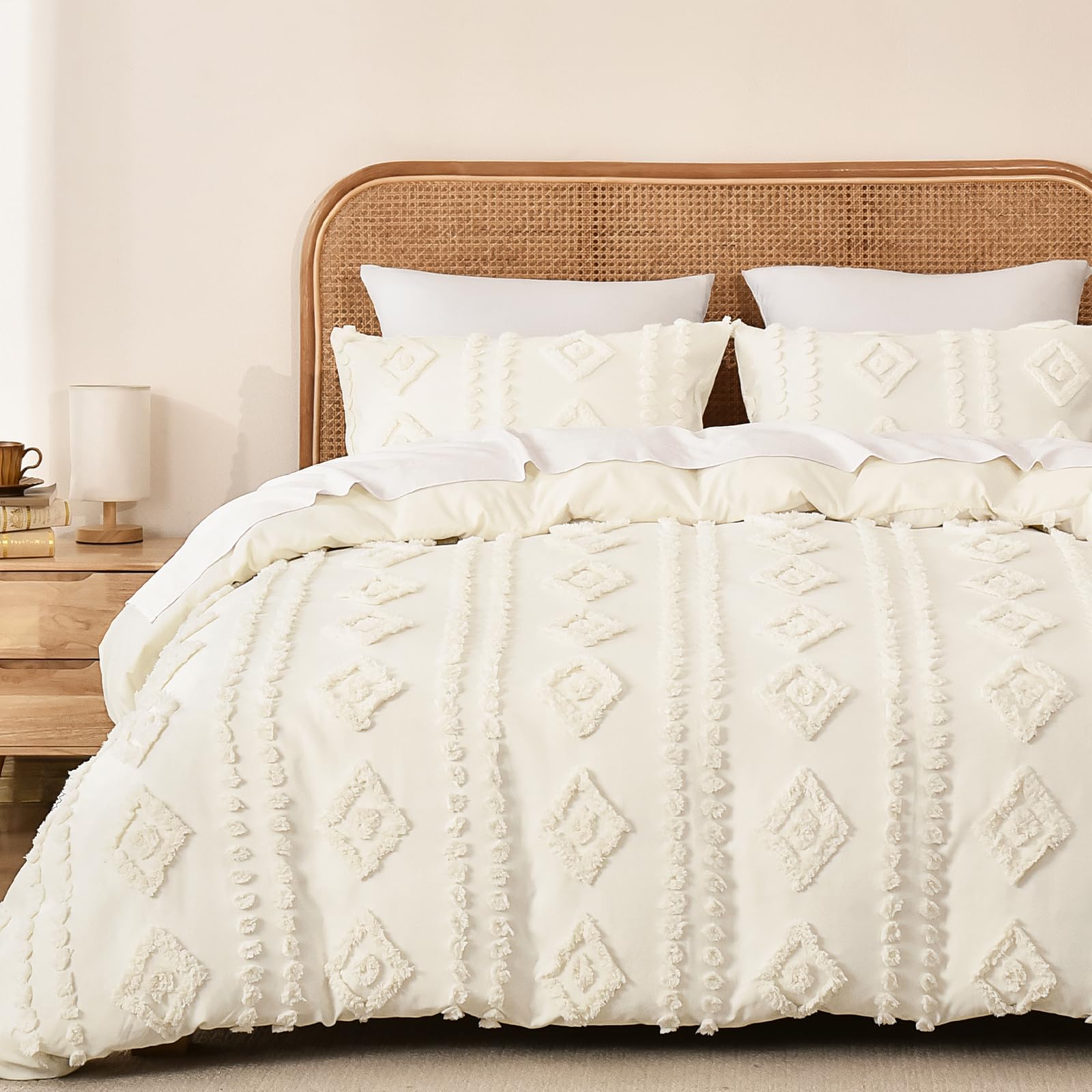 PHF Boho Duvet Cover King Size - Soft Tufted 3-Piece Bedding Set with 2 Pillowcases, Textured Shabby Chic Design for All Seasons, Snow White 104