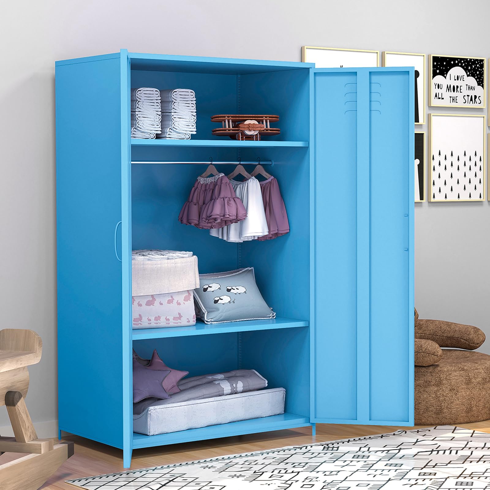 Steel Locker Cabinet with Double Doors, Hanging Rod & Shelves - Storage for Clothes, Toys & School Supplies | Perfect for Bedroom, Classroom & Office Organization (Blue)