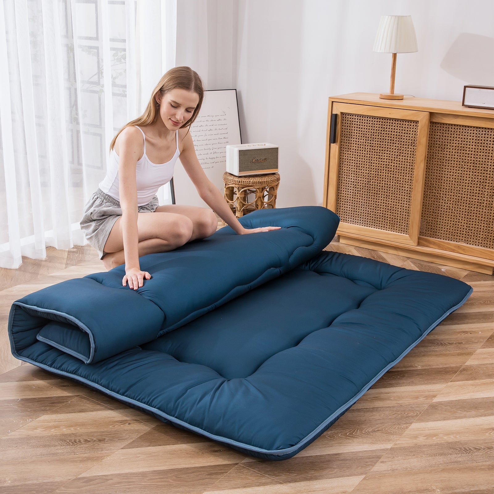 MAXYOYO Portable Futon Mattress - Japanese Floor Mattress for Guest Bed, Camping & Travel | Bluestone Blue | Lightweight & Foldable Sleeping Pad