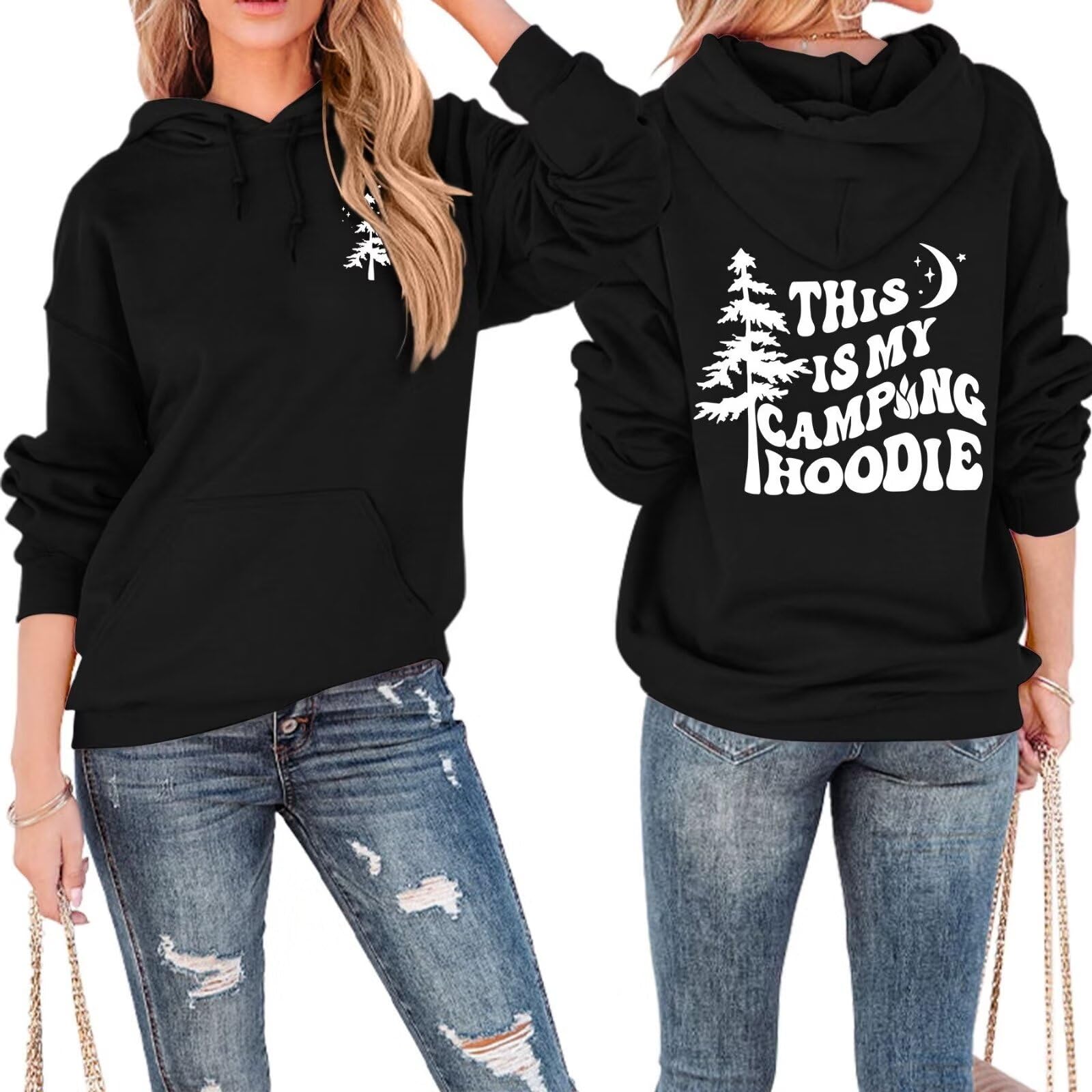 Funny Camping Pattern Women's Hooded Sweatshirt - Long Sleeve Pocket Hoodie for Outdoor Adventures, Hiking & Cozy Campfire Nights