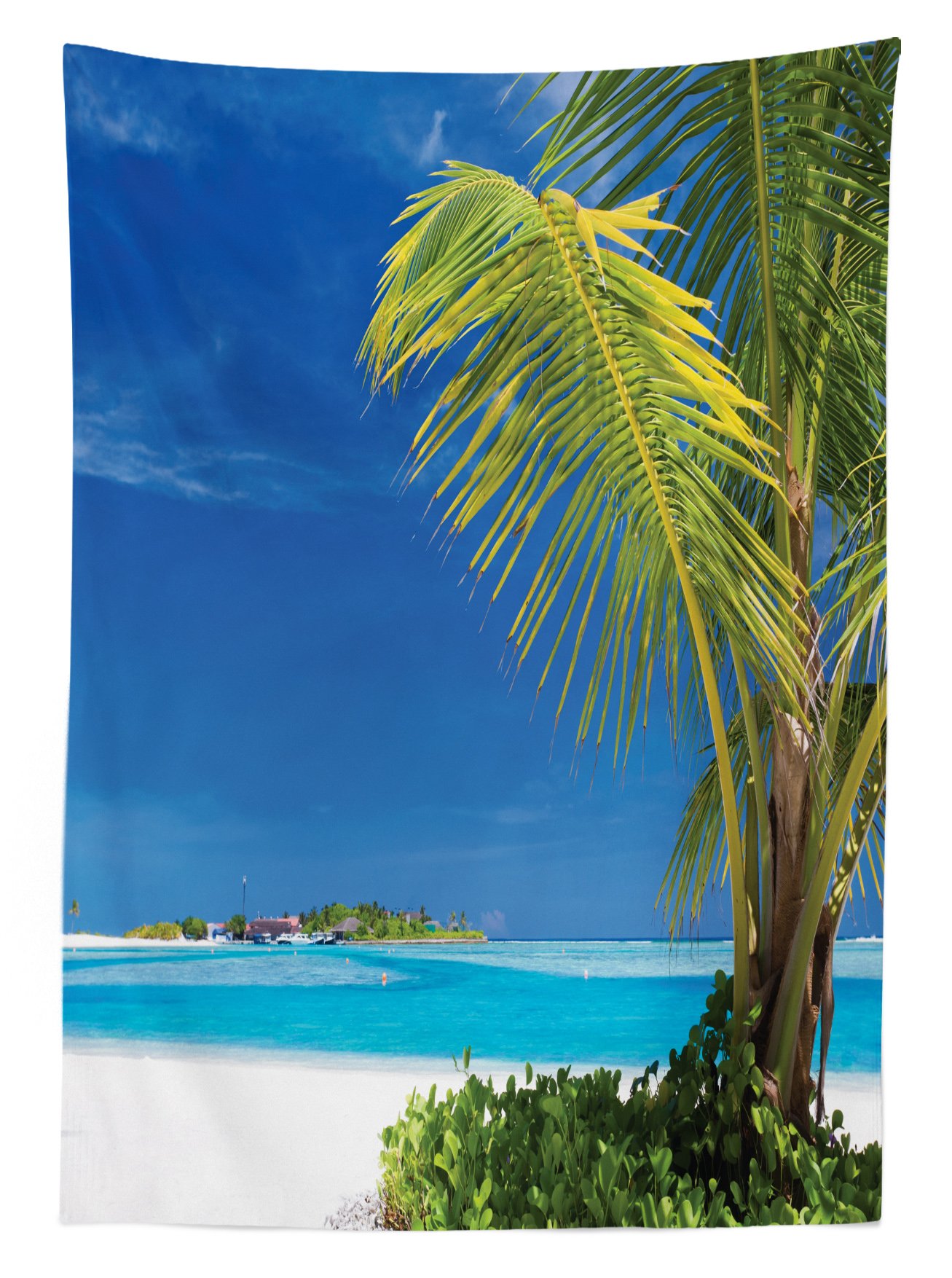 Ambesonne Waterproof Outdoor Tablecloth - Tropical Ocean Seascape with Palm Trees Design, 58