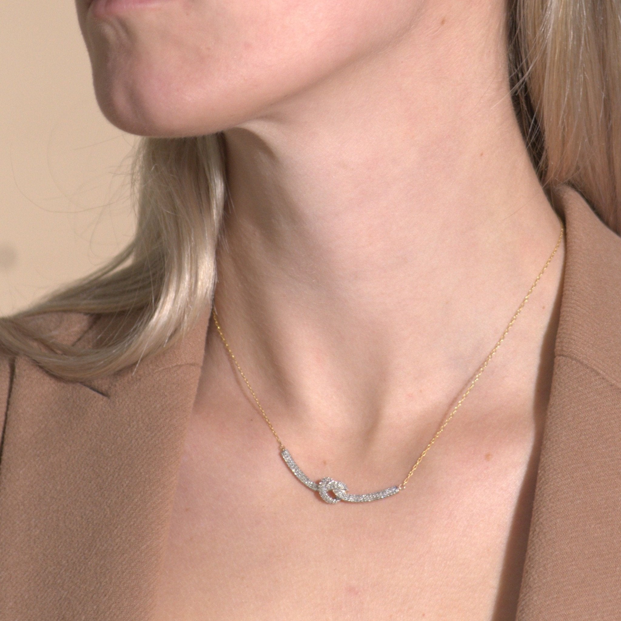10k Yellow Gold Heart Knot Diamond Bar Necklace - Elegant & Dainty Jewelry for Women, Perfect for Valentine's Day, Anniversary & Romantic Gifts