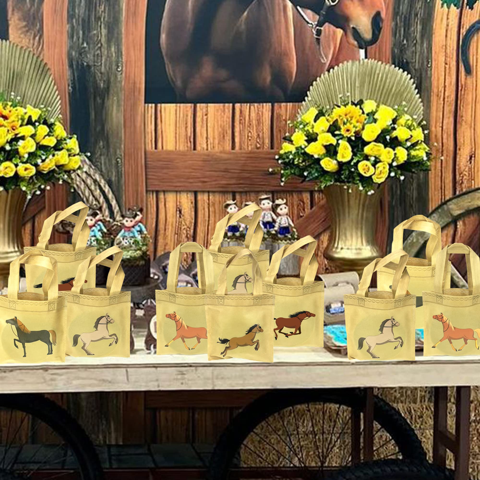 Horse Party Favor Bags - 12 Pack Non-Woven Treat Bags for Kids Birthday, Cowboy Theme & Baby Shower - Durable Horse Racing Party Supplies for Goodie Bags, Favors & Gifts | Perfect for Western, Equestrian & Ranch Themed Events