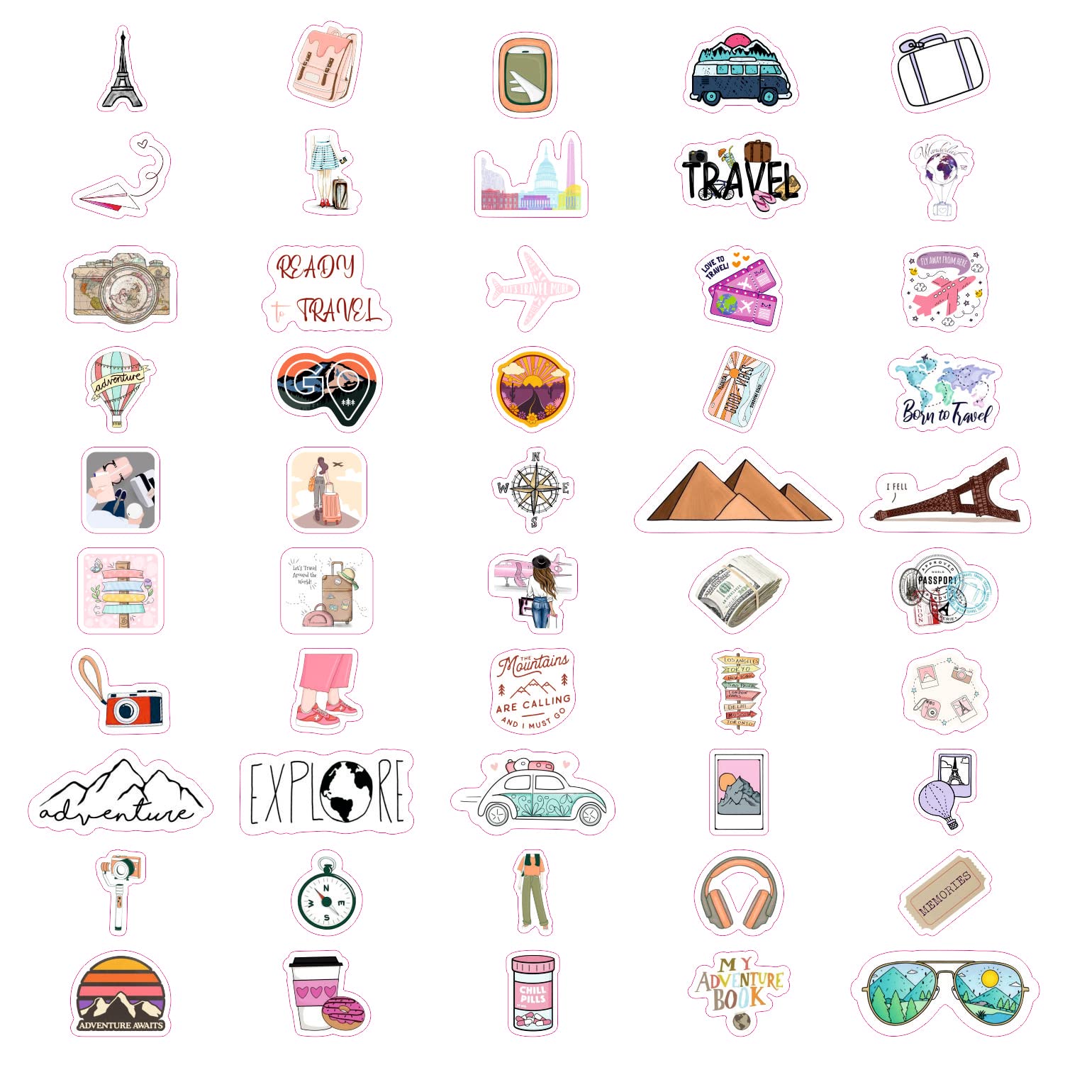 BulbaCraft 100Pcs Cute Travel Stickers for Girls - Waterproof Vinyl Decals for Water Bottles, Notebooks, Laptops & Luggage - Perfect for Travel Journals, Road Trips & Adventure Scrapbooking - Fun DIY Stickers for Suitcases, Planners & Gift Wrapping
