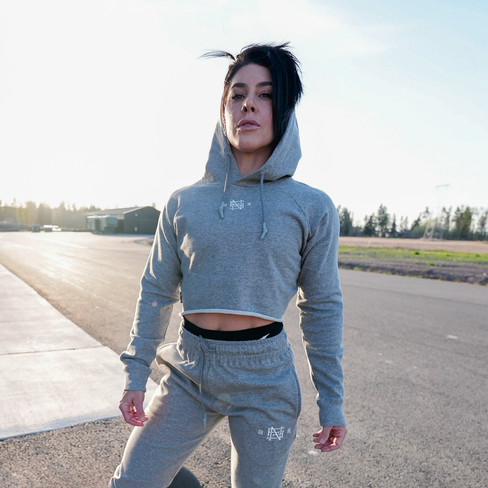 EMB Crop Hoodie for Women - Soft Grey Pullover Sweatshirt | Trendy Streetwear & Casual Outfit for Fall & Winter