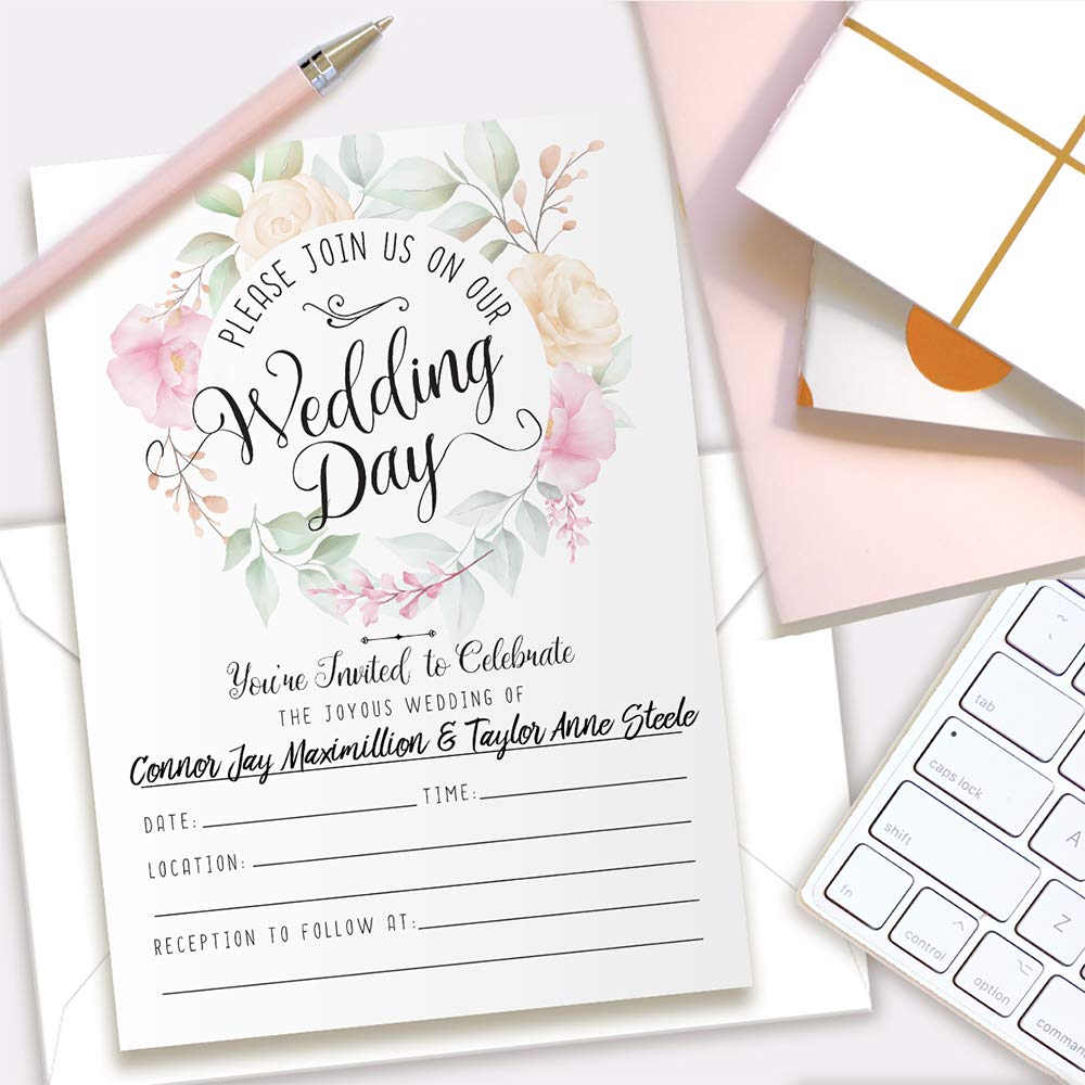 Elegant Pastel Rose Wreath Wedding Invitation Kit - 25 Blank Floral Invitations & Envelopes Set - Minimalist DIY Wedding Stationery for Bridal Shower, Engagement Party & Formal Wedding Events
