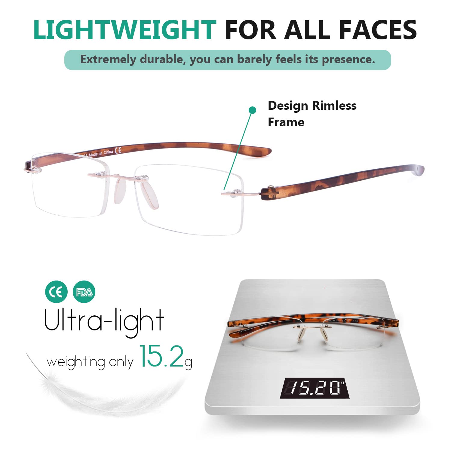 Eyekepper Rimless Reading Glasses for Men & Women - Small Lens Lightweight Readers for Computer Work, Reading Books & Close-up Tasks