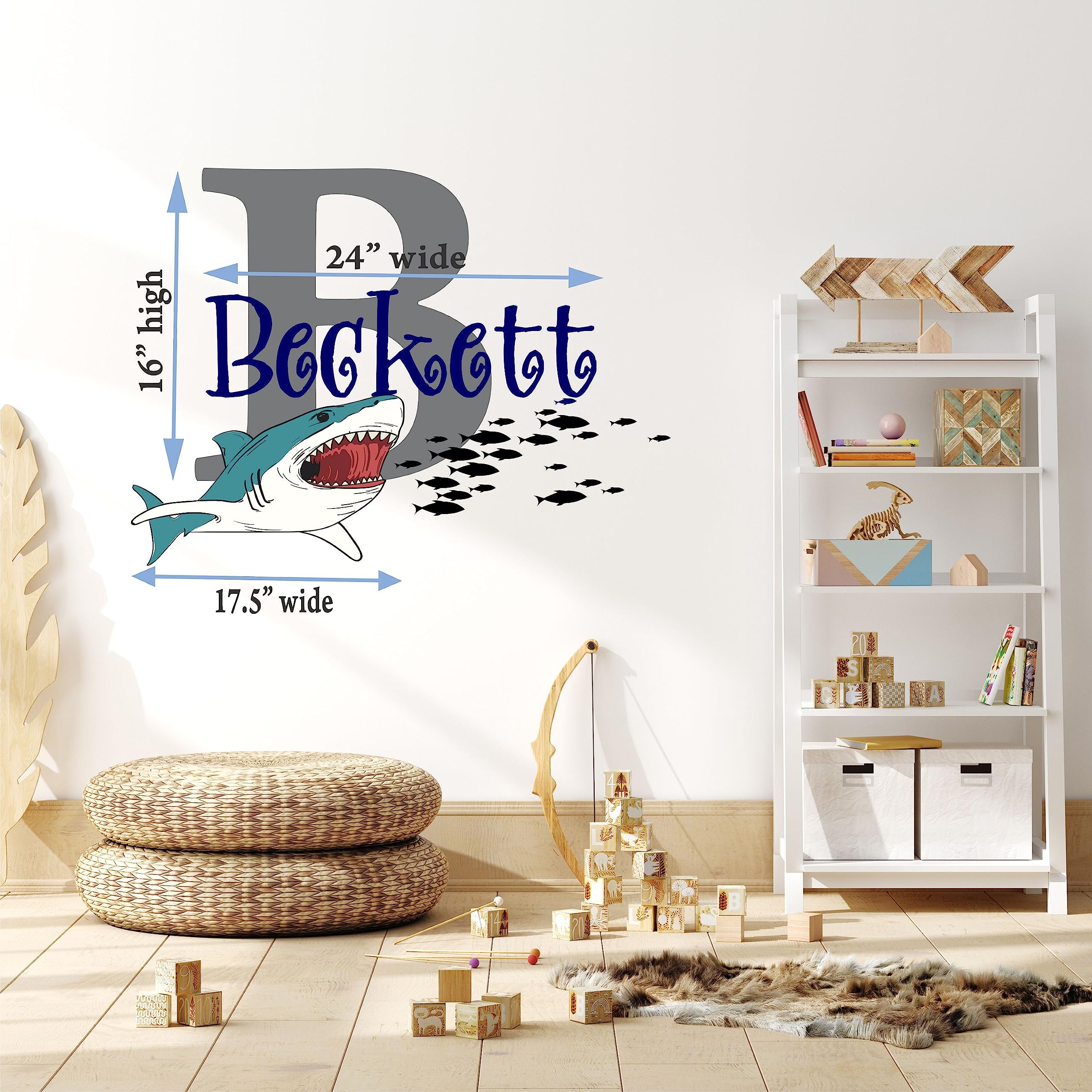 Personalized Boys Shark Wall Decal - Custom Name & Initial Nursery Vinyl Sticker, Great White Shark Bite Design, Medium Size Wall Art for Kids Room Decor | Perfect for Baby Shower Gifts & Ocean Theme Bedrooms