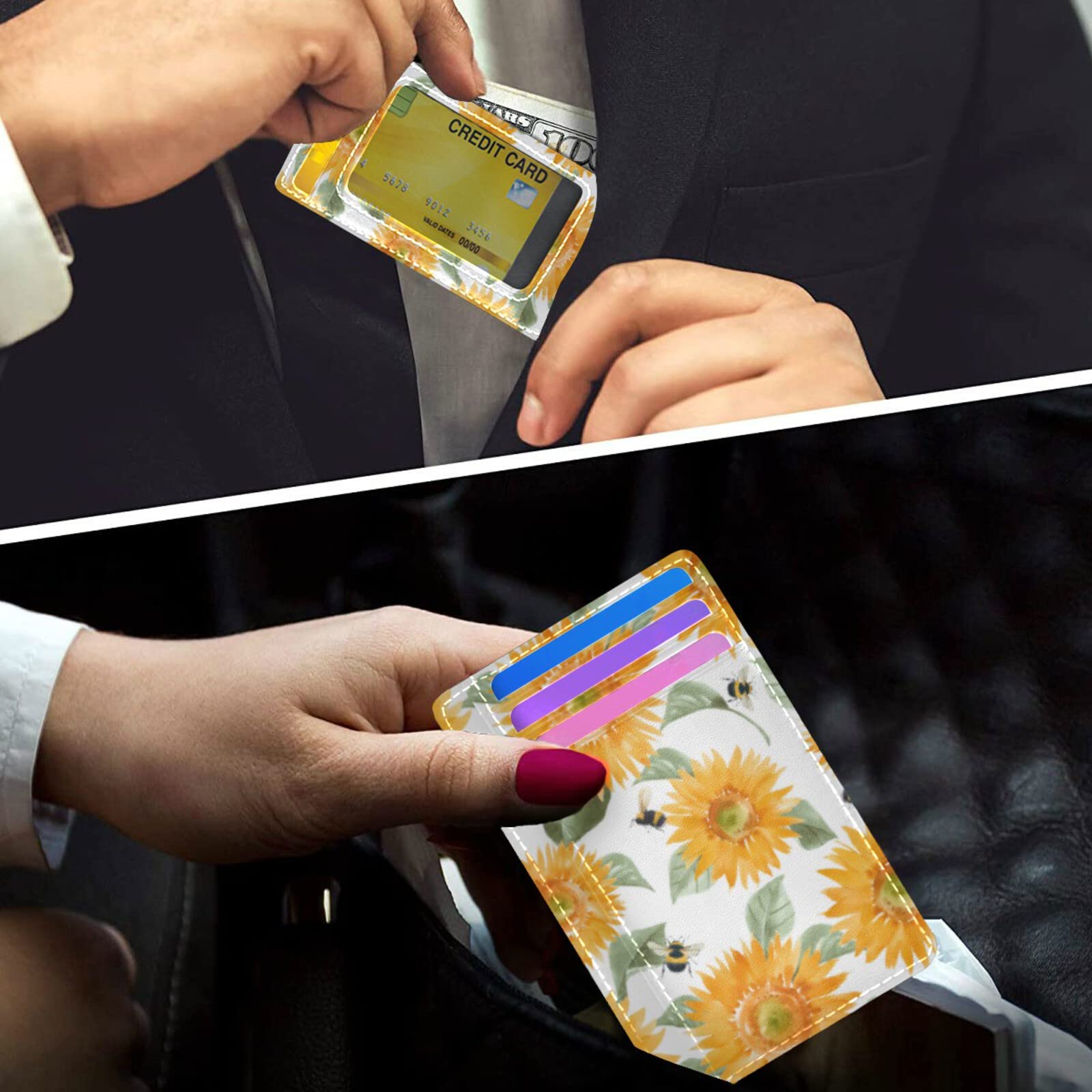Susiyo Yellow Sunflower Bee Slim RFID Blocking Minimalist Wallet - PU Leather Front Pocket Card Holder for Men & Women | Perfect for Travel, Everyday Use & Gift Giving