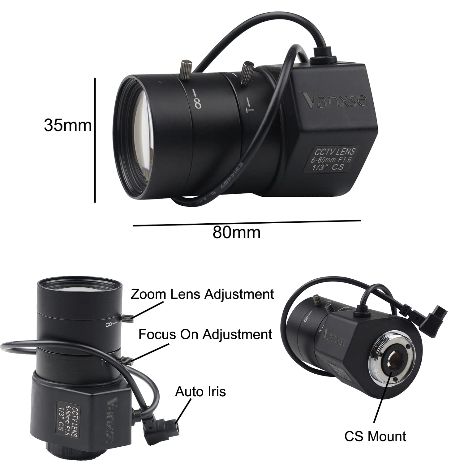 Varifocal Lens 6-60mm F1.6 for CCTV Security Camera - CS Mount DC Drive Auto Iris Compatible with 1/3 Inch Box, IP & SDI Cameras - Ideal for Home Security, Business Surveillance & Outdoor Monitoring
