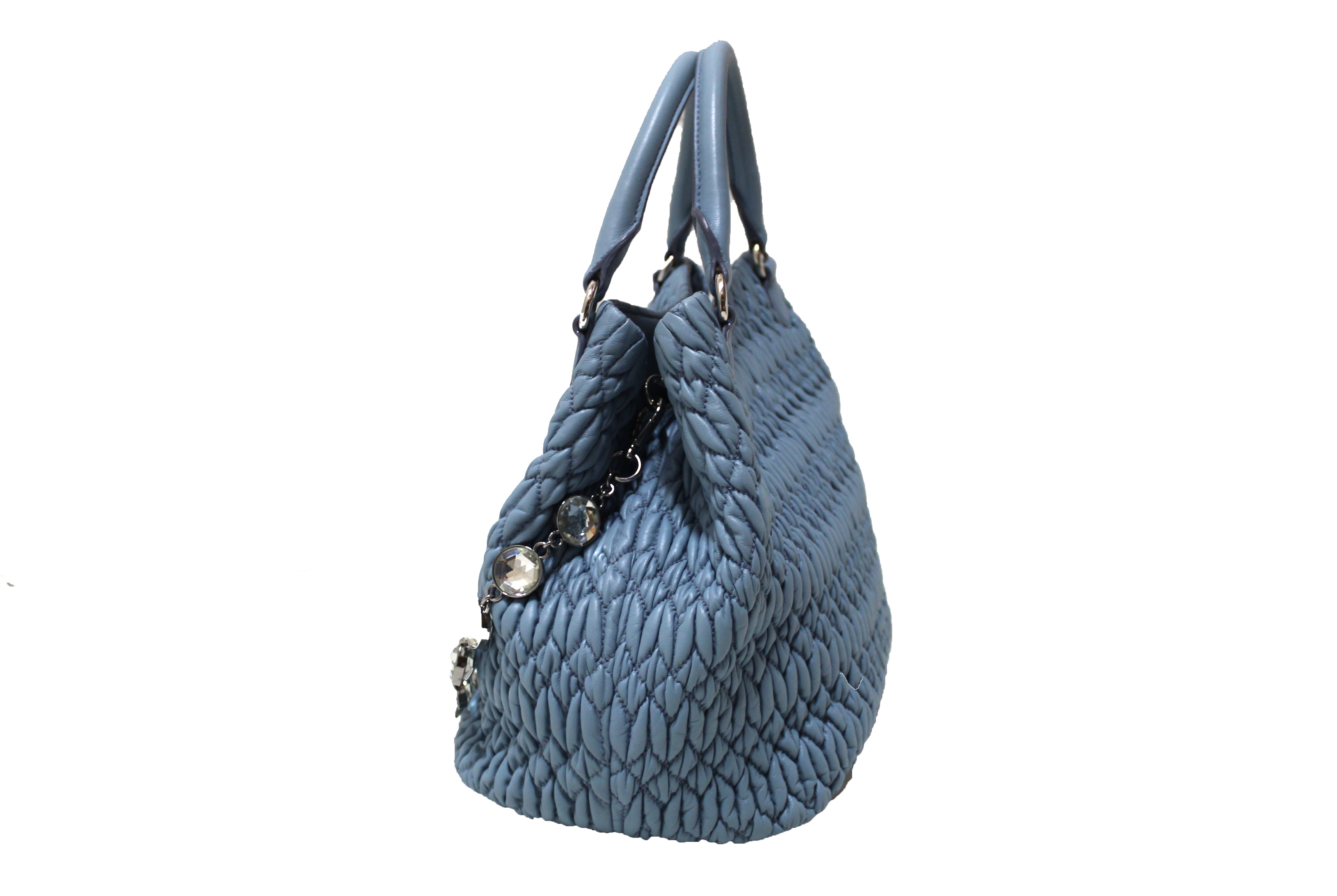 Authentic Miu Miu Crystal Blue Cloqué Nappa Leather Handbag for Women - Luxury Designer Crossbody Purse for Evening Parties, Date Night & Special Occasions