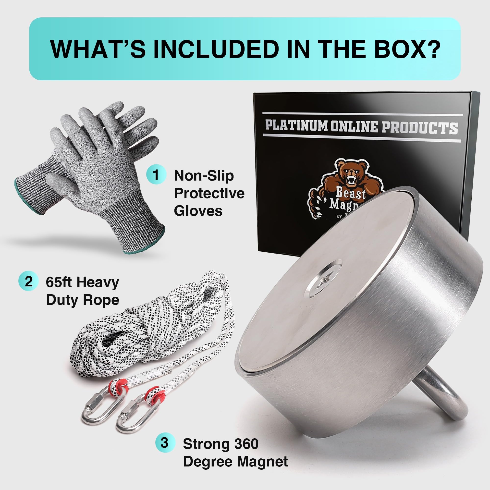 3600lb Complete 360 Degree Magnet Fishing Kit with Strong Neodymium N52 Magnets - 10mm Durable 65ft Rope, Carabiner & Gloves Included | Perfect for Underwater Treasure Hunting, Metal Detecting and Outdoor Adventures