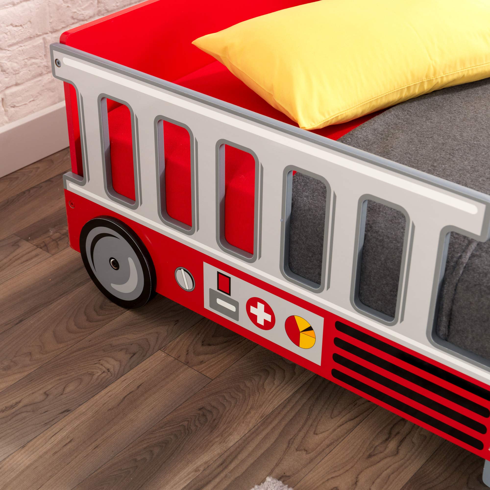 KidKraft Red Fire Truck Wooden Toddler Bed with Safety Guard Rails - Children's Furniture for Boys & Girls Ages 15 Months+ | Perfect for Themed Bedrooms, Daycare Centers & Gift Ideas
