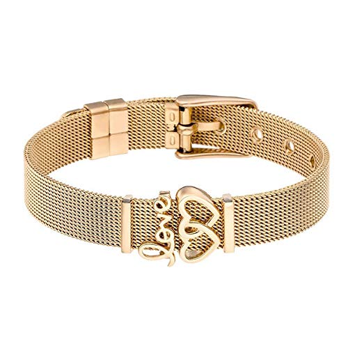 Brting Stainless Steel Heart Couple Bracelet - Adjustable Mesh Bangle for Women & Men, Gold Color - Romantic Gift for Anniversary, Valentine's Day & Couple Matching Jewelry