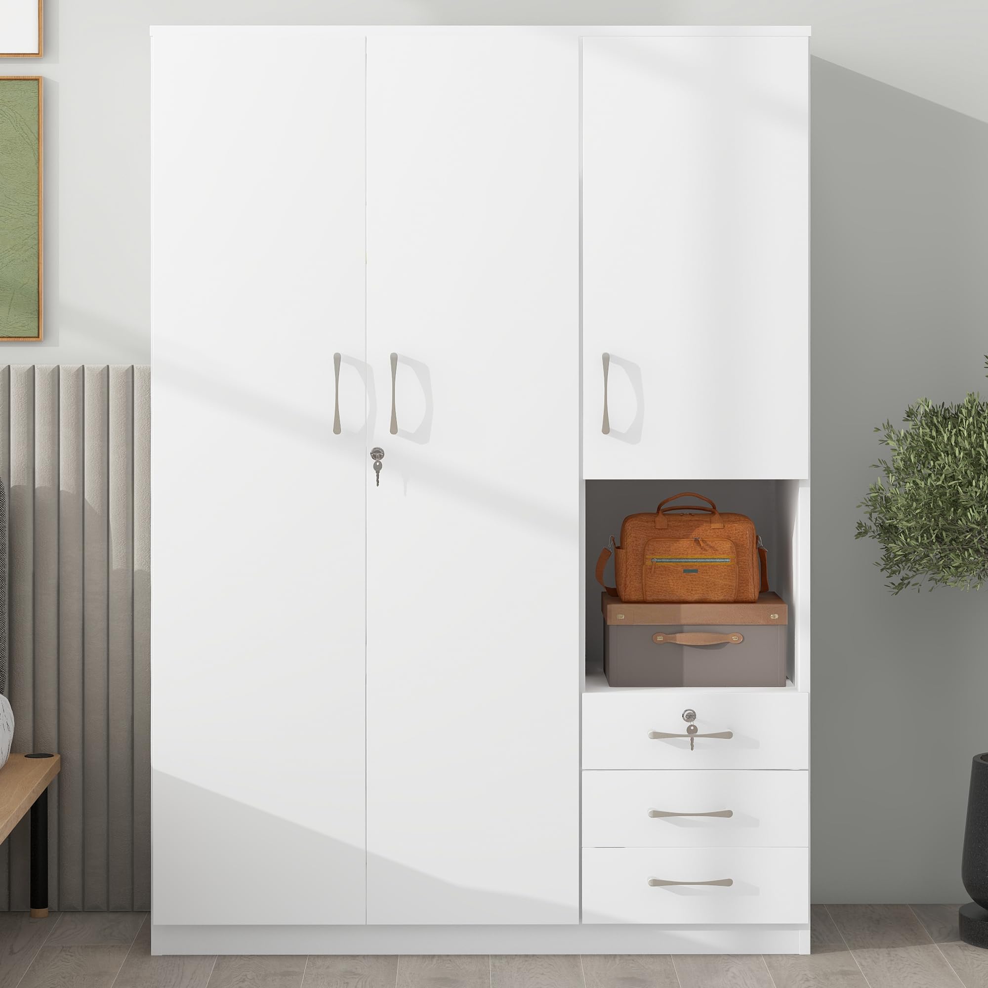 3-Door Wooden Wardrobe Armoire with Shelves, Drawers & Hanging Rod - Modern Bedroom Closet Organizer Storage Cabinet in White - Perfect for Master Bedroom, Guest Room or Dorm Organization