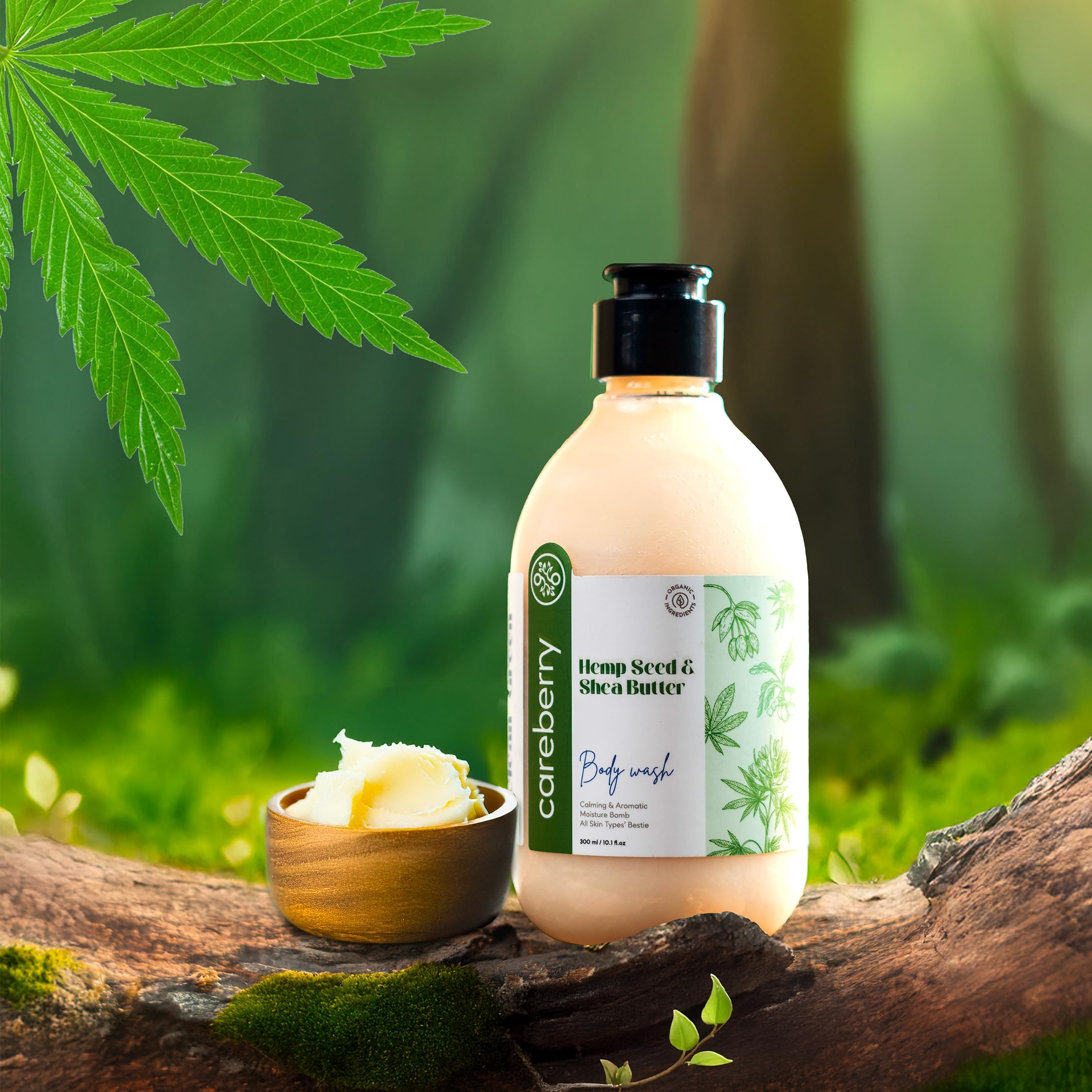 Careberry Hemp Seed Oil & Shea Butter Body Wash - Sulfate & Paraben Free, Ayurvedic Certified, 300ml | Daily Moisturizing for Dry Skin, Perfect for Shower & Bath Routine