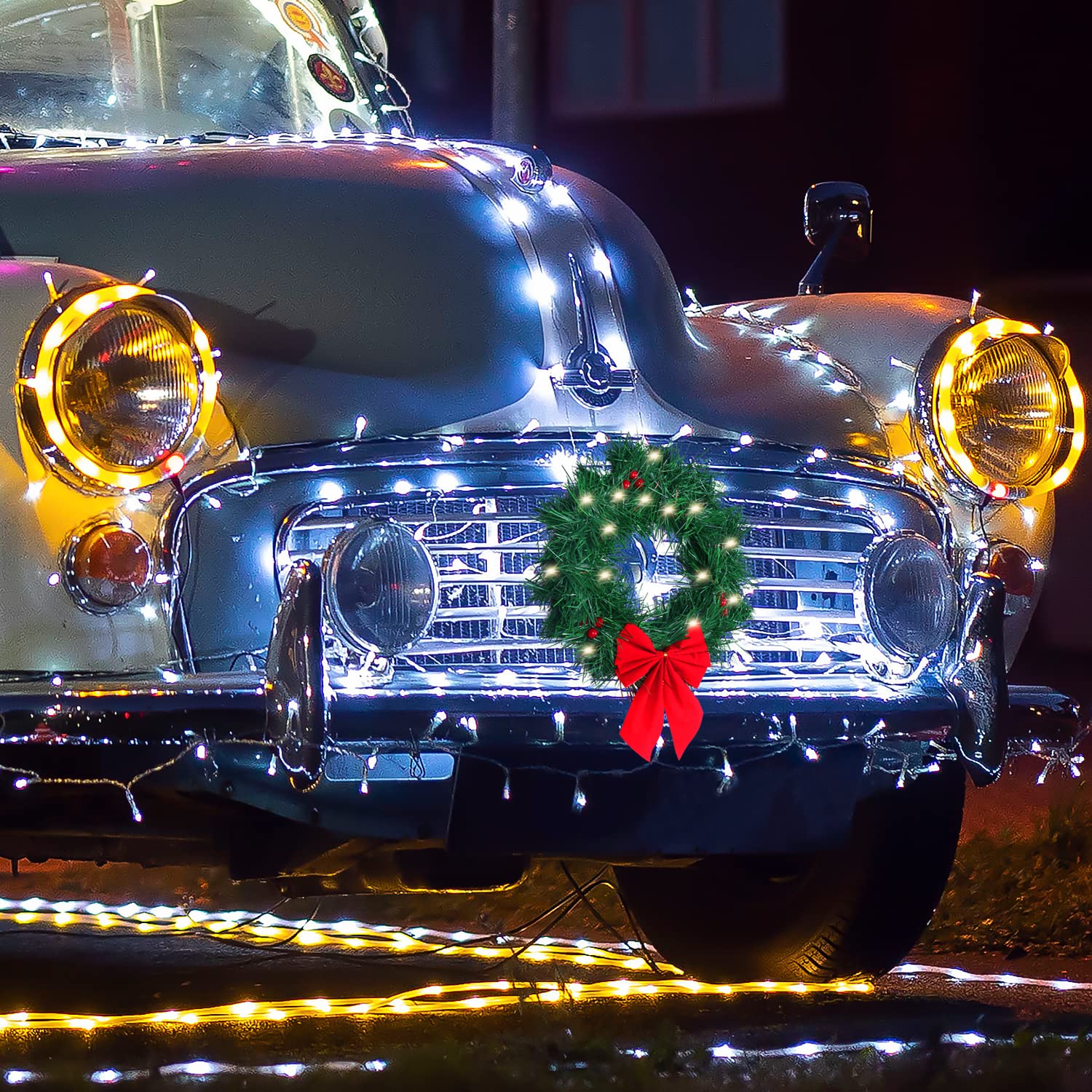 Christmas Car Decoration Wreath with Lights - Festive Holiday Auto Accessory for Car, Truck, SUV - Includes Mounting Kit - Perfect for Road Trips & Holiday Parades