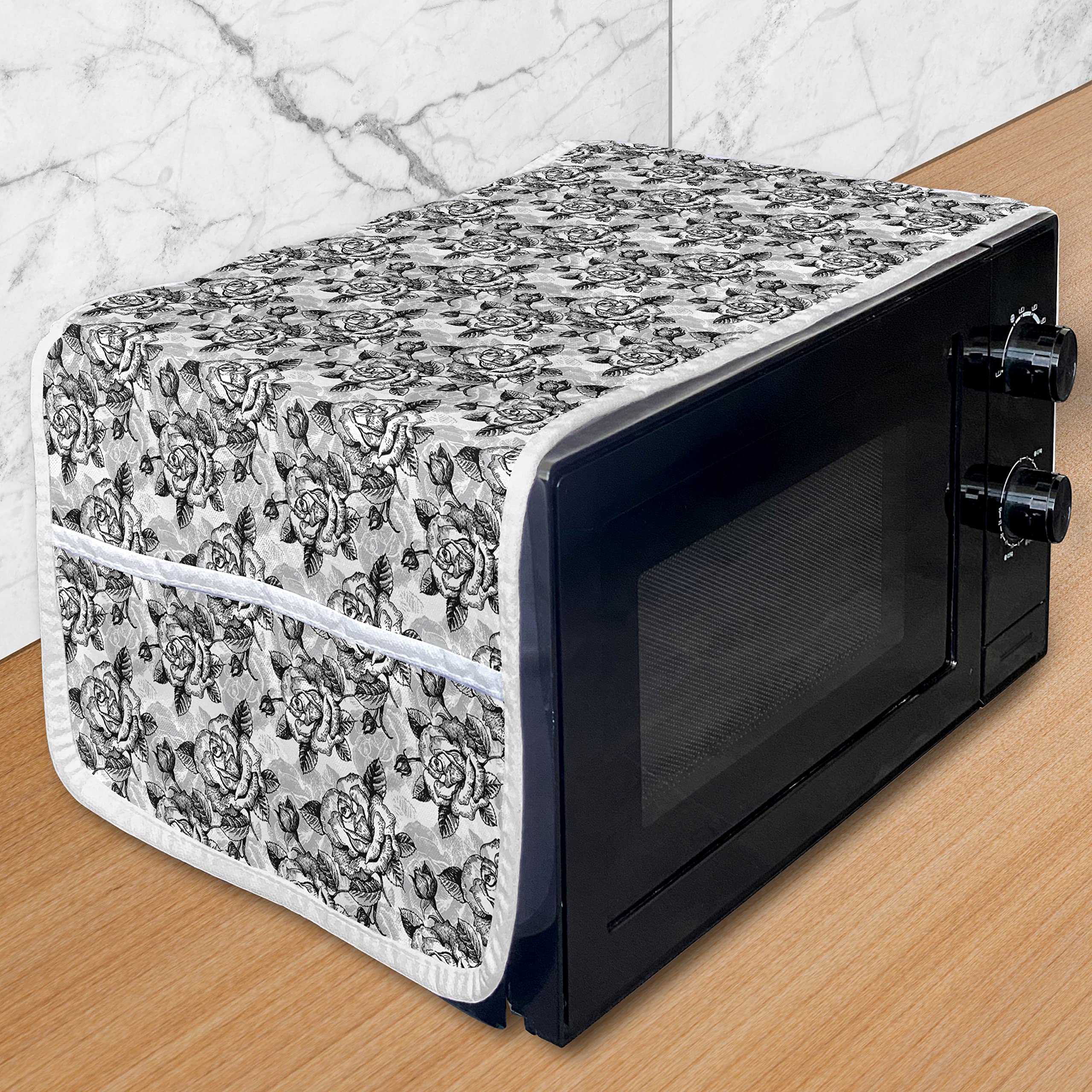 Ambesonne Microwave Cover - Black and White Romantic Roses Design, Waterproof Kitchen Organizer with Pockets, 36