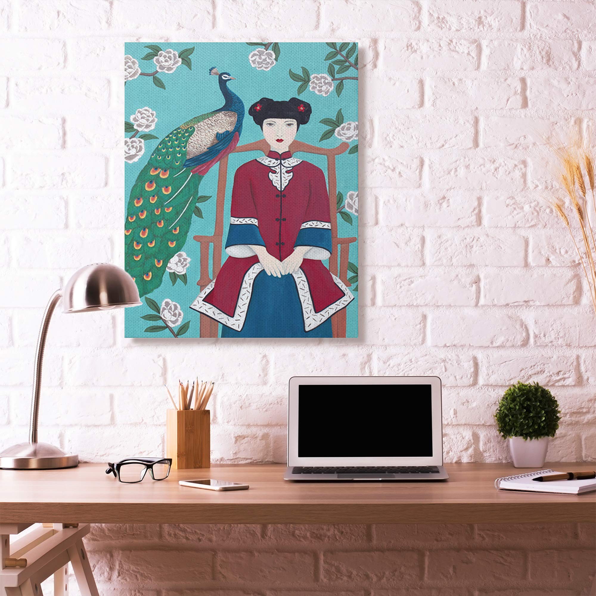Stupell Industries Chinese Woman & Peacock Floral Painting - Blue & Red Wall Art by Sally B - 36x48 Canvas - Perfect for Living Room, Bedroom & Office Decor