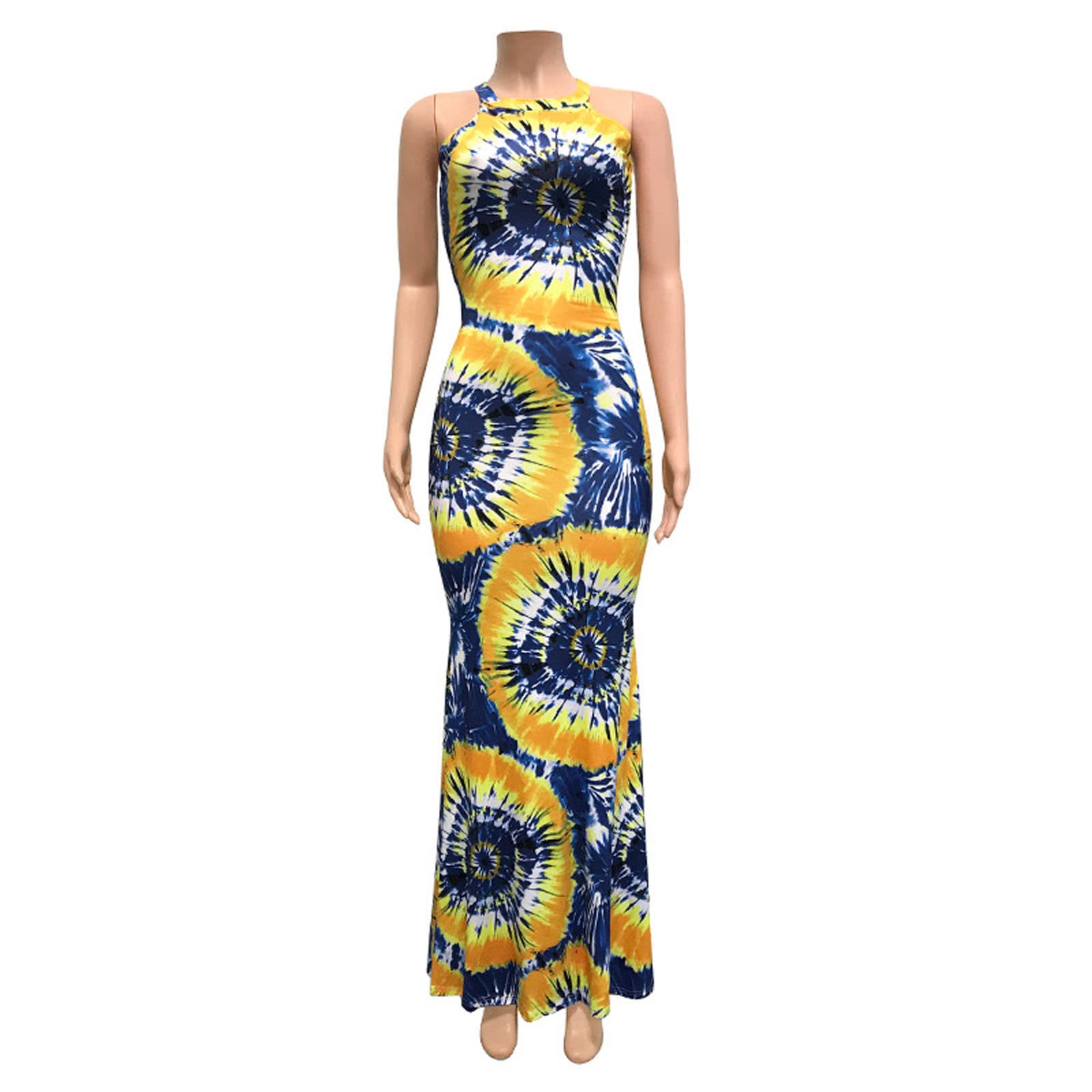 Women's Summer Sundresses 2024 - Sexy Sleeveless Tie-Dye Print Halterneck Button Long Dress | A-Line Wrap Cocktail & Wedding Guest Dress | Perfect for Beach Vacations, Parties & Outdoor Events