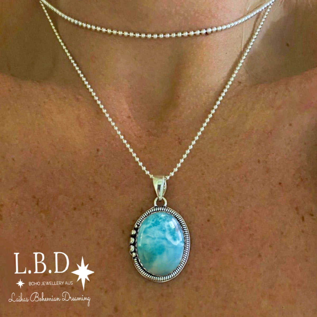 Laihas Large Bohemian Larimar Necklace – Handmade Gemstone Jewelry for Women, Boho Chic Statement Piece – Perfect for Festivals, Beach Parties & Layered Looks
