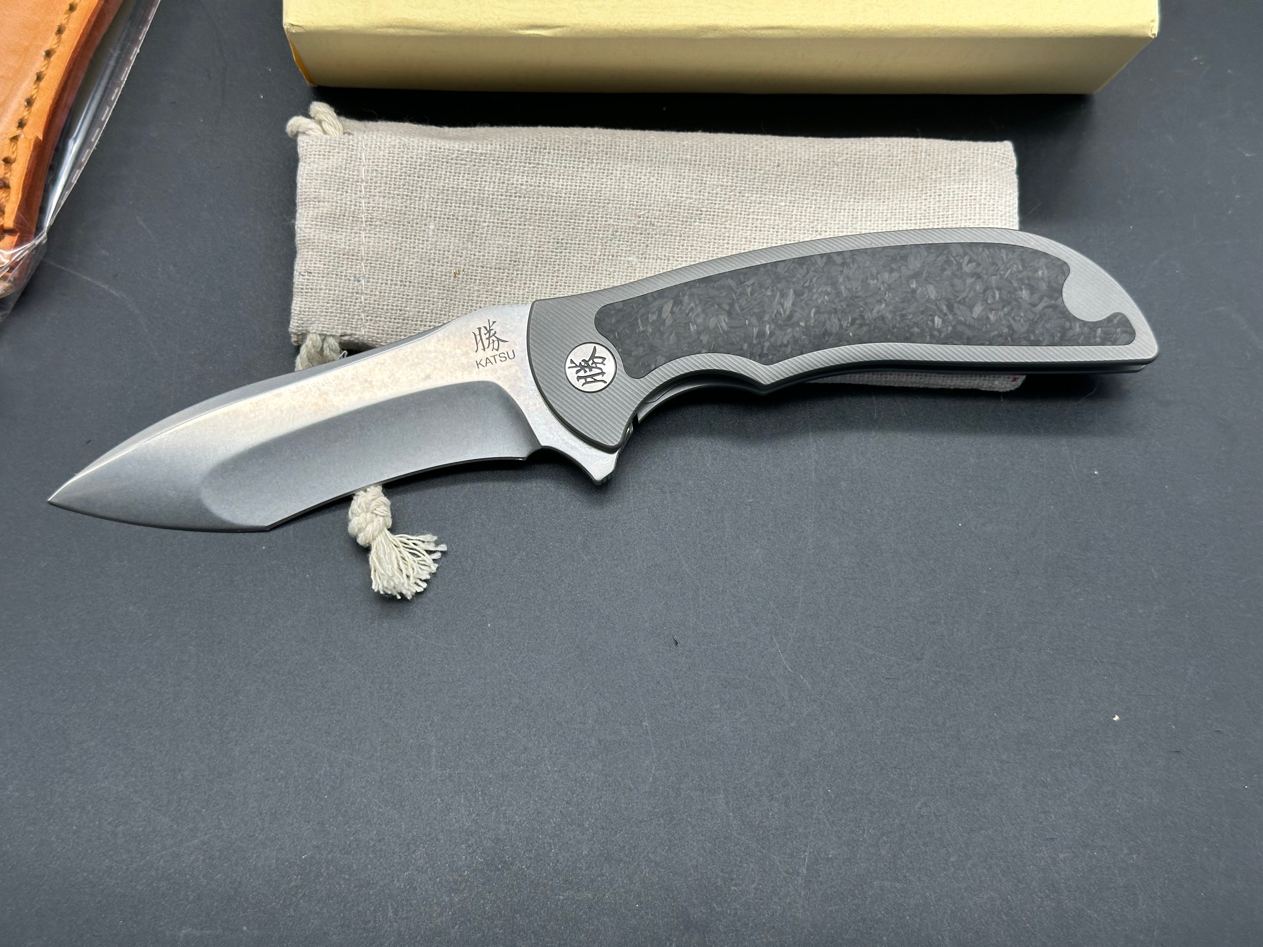 KATSU TK01 Folding Knife - CPM S35VN Steel Blade, Titanium & Carbon Fiber Handle with Leather Sheath | EDC, Outdoor Survival, Camping & Hunting Gear